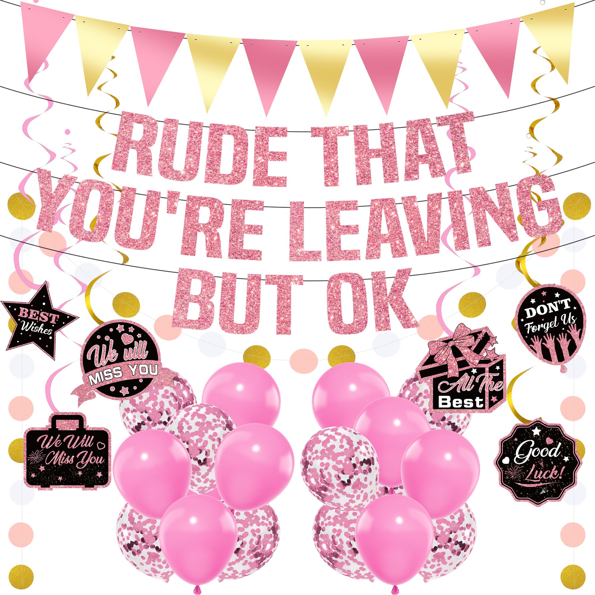 Sorry Your Leaving Decorations Banner - 29 Pcs Retirement Party Decor Including pink Rude That You're Leaving But Ok Banners, We Will Miss You Hanging Swirls for Colleagues Goodbye Party Supplies