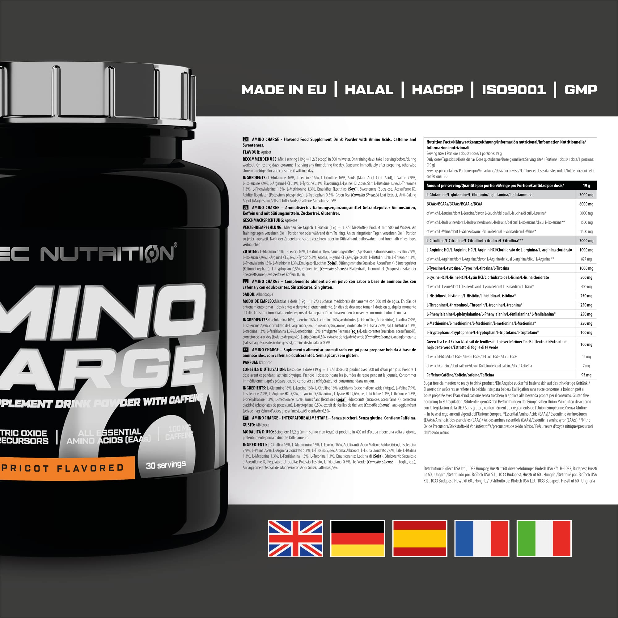 Scitec Nutrition Amino Charge - avec 6g de BCAAs - 100mg de caféine - Sans sucre, sans gluten - Boost Performance and Recovery, 570 g, Abricot