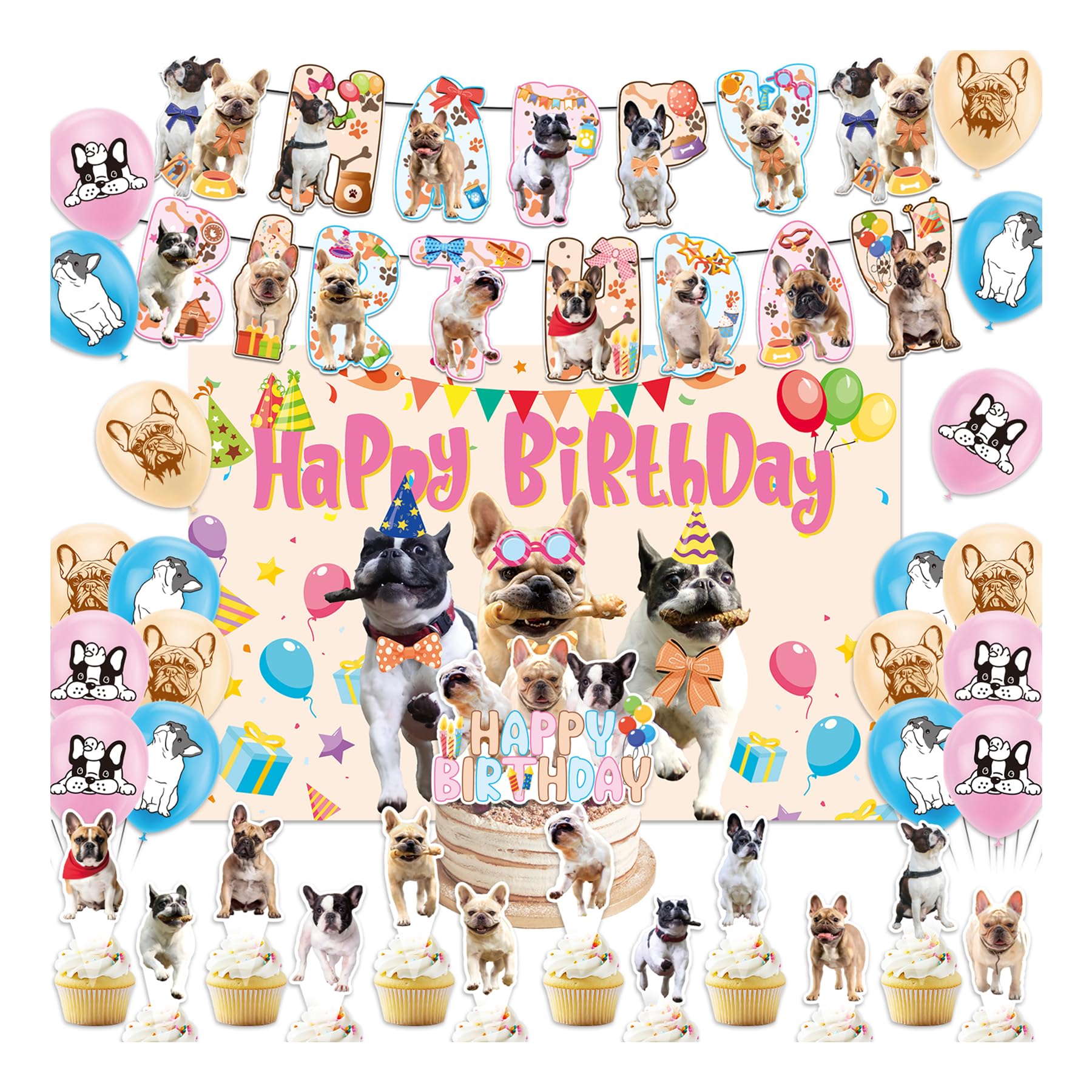 French Bulldog Party Supplies French Bulldog Party Decorations Includes Happy Birthday Banner Cake Topper Cupcake Toppers Balloons Background Ribbon
