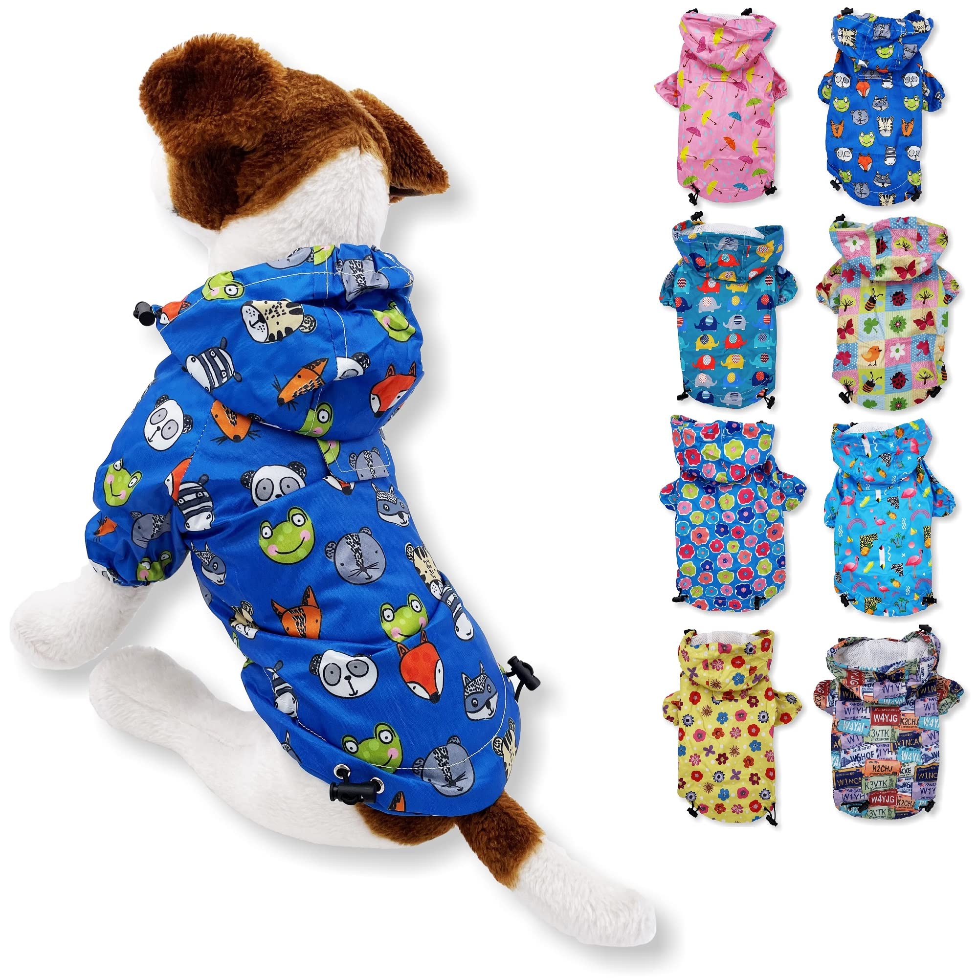 Dog Raincoat Hooded Leash Hole Waterproof Rain Coat Jacket Rainwear for Small Pet Cat Puppy (M: Length - 14", Blue Animal)