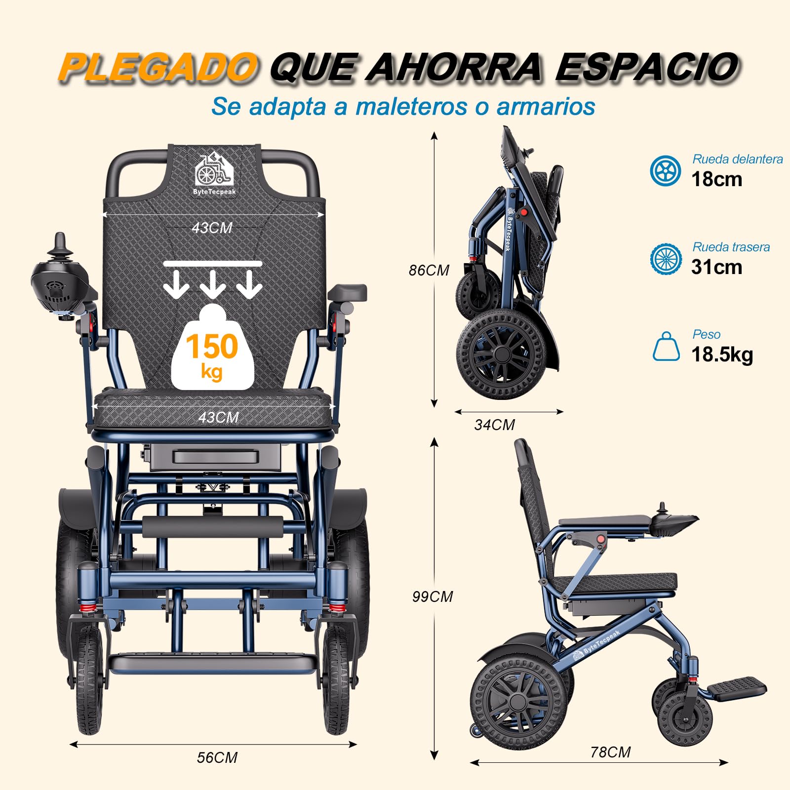 D14 Silla de ruedas eléctrica plegable, alcance 40km, equipada con 2 baterías litio 12Ah, carga 150KG, silla de ruedas eléctrica de aleación de aluminio, para mayores y con movilidad limitada-Azul