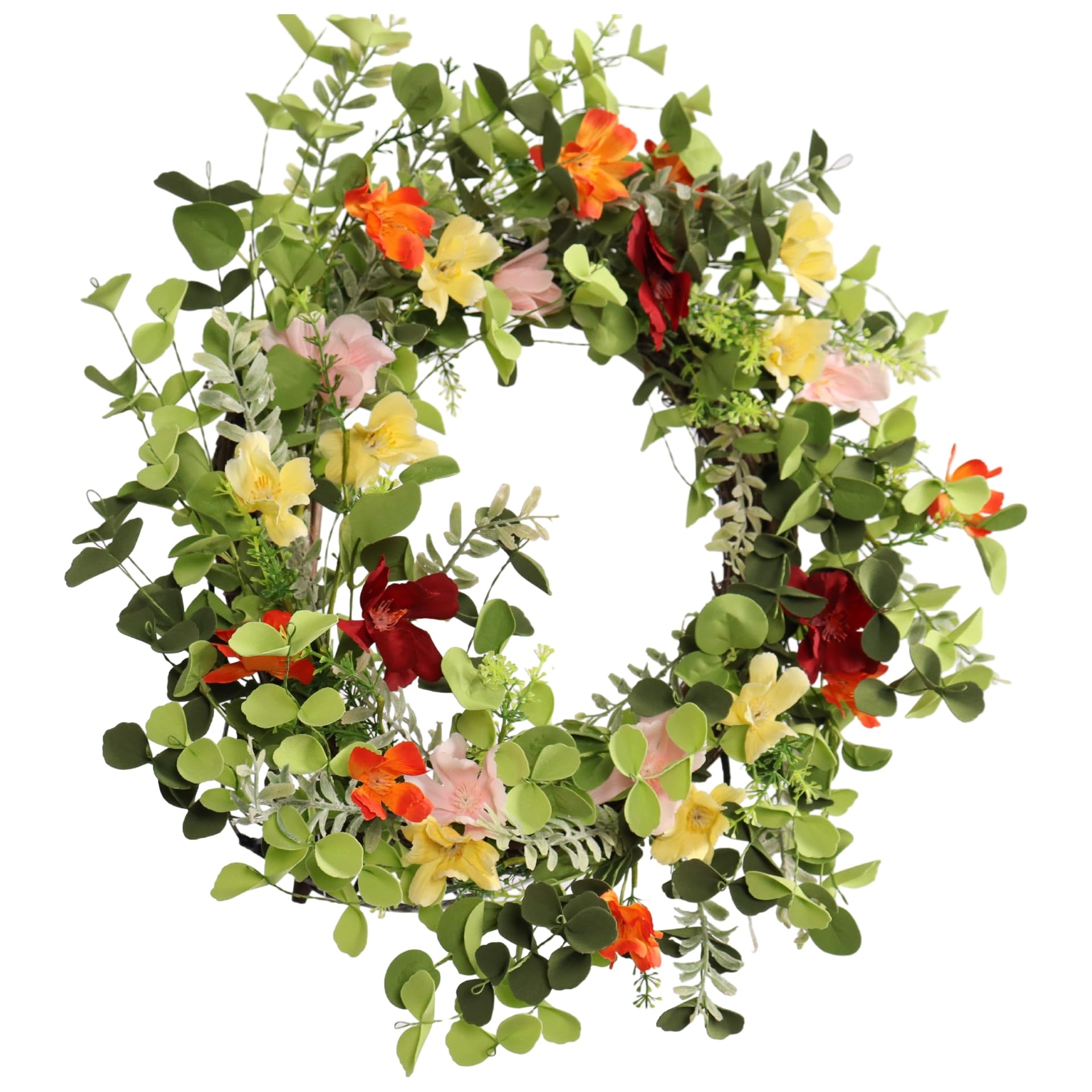 Pudate 22IN Artificial Spring Summer Wreath with Wild Flowers & Silk Daisies Eucalyptus, UV Resistant, Colorful Wreath - for Spring Summer Indoor Outdoor Home Décor