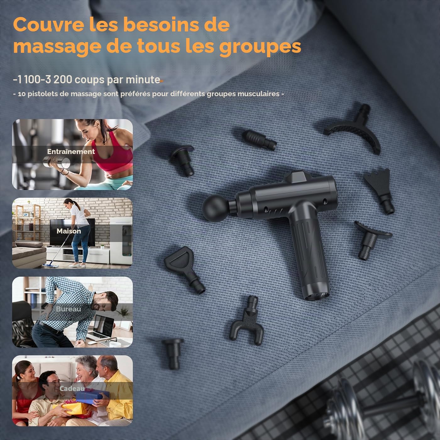 Pistolet de massage, appareil de massage musculaire portable avec 10 têtes de massage, doté de la technologie de glissement silencieuse, puissante percussion sans fil à main
