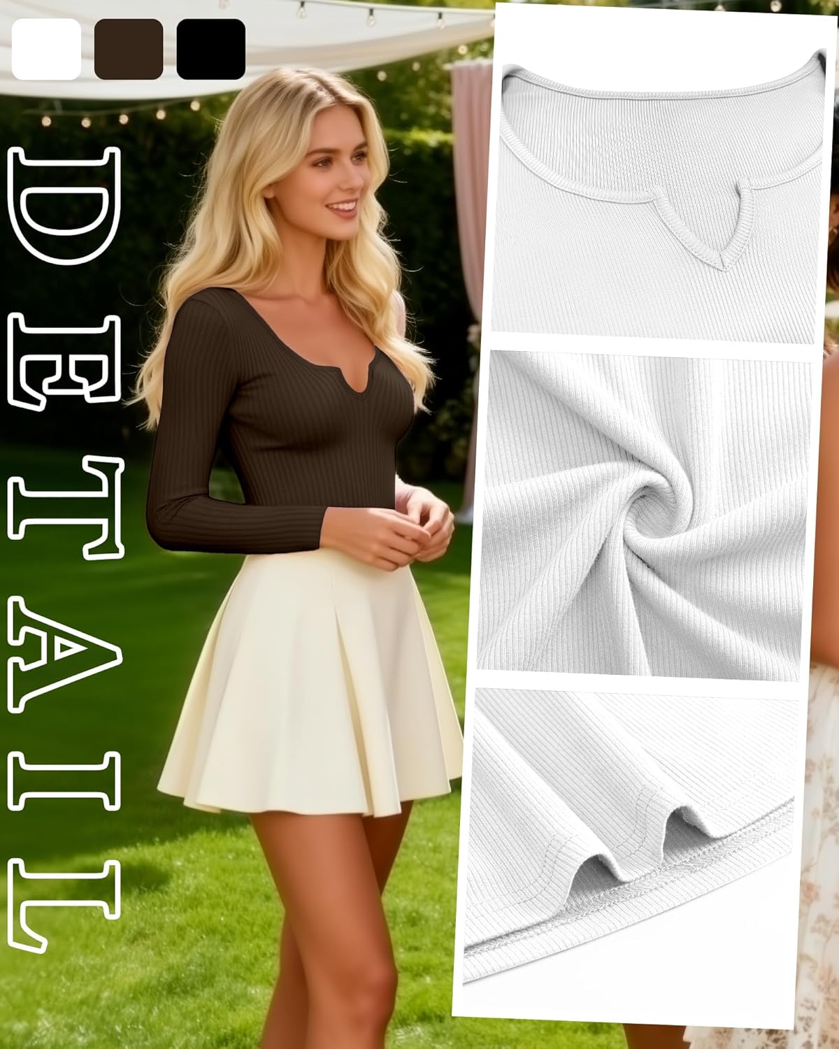 3 Pack Women's Long Sleeve Shirts Cotton Ribbed Scoop Neck Vnotch Tops Slim Low Cut Stretch Basic Tees - Image 4