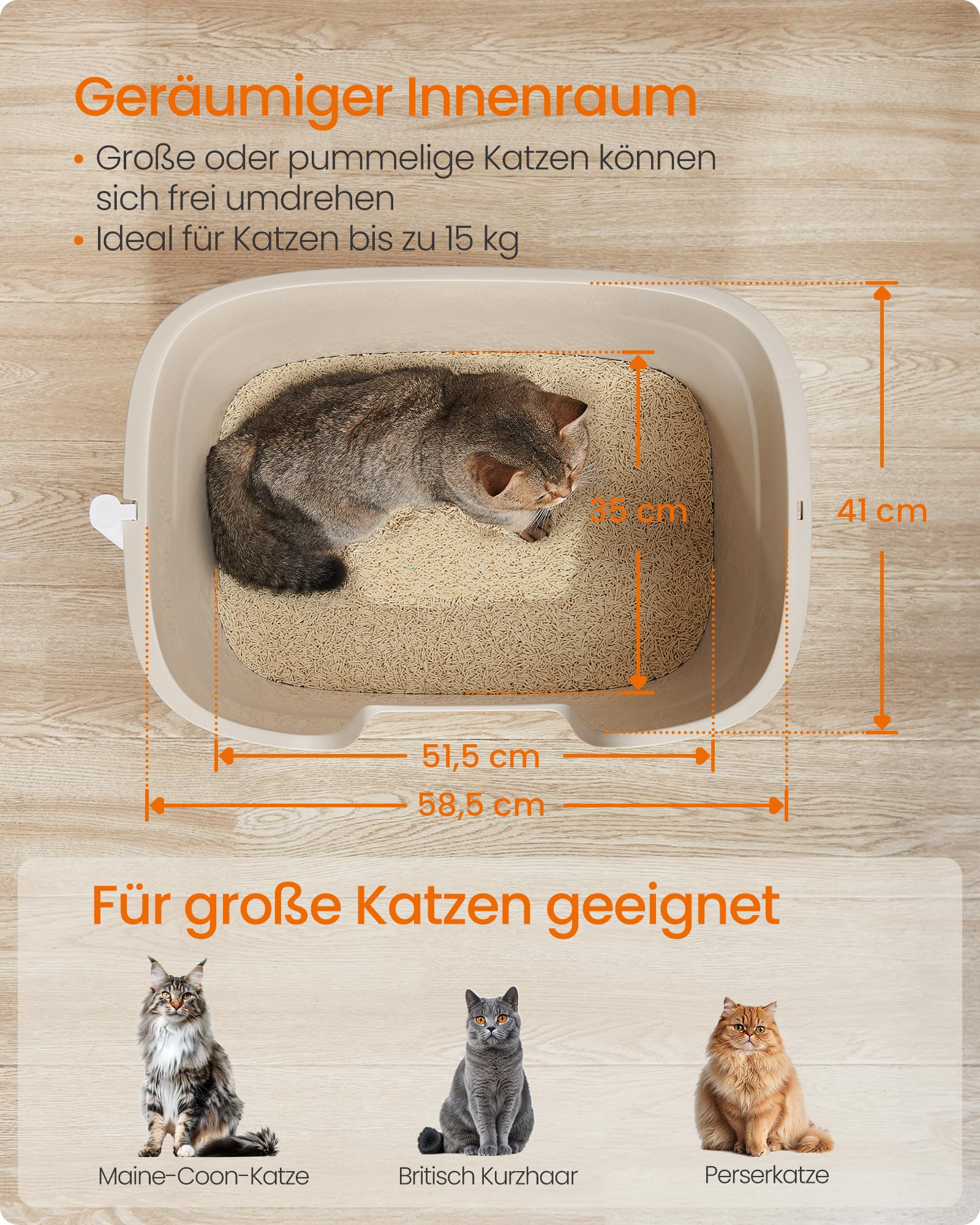 Feandrea Katzenklo, extragroße Katzentoilette, für Mehrkatzenhaushalte, mit hohen Seitenwänden, Katzenstreumatte, Aufbewahrungsbox, Schaufel, für große Katzen, cappuccinobeige PPT003K01