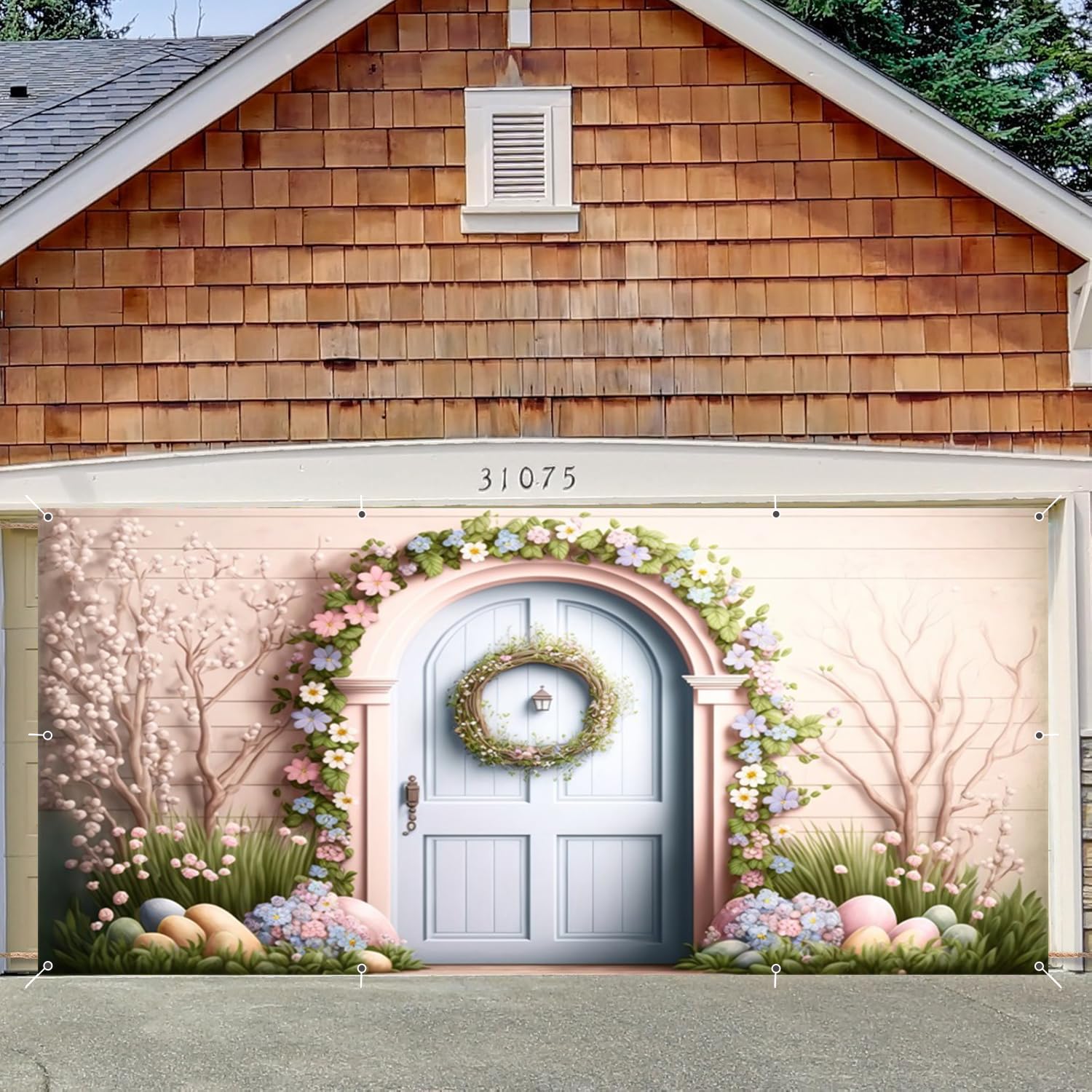Easter Spring Garage Door Cover 7x16ft Pink Floral Wall Large Easter Garage Door Decorations for Outdoor Spring Banner for 2 Car Garage Spring