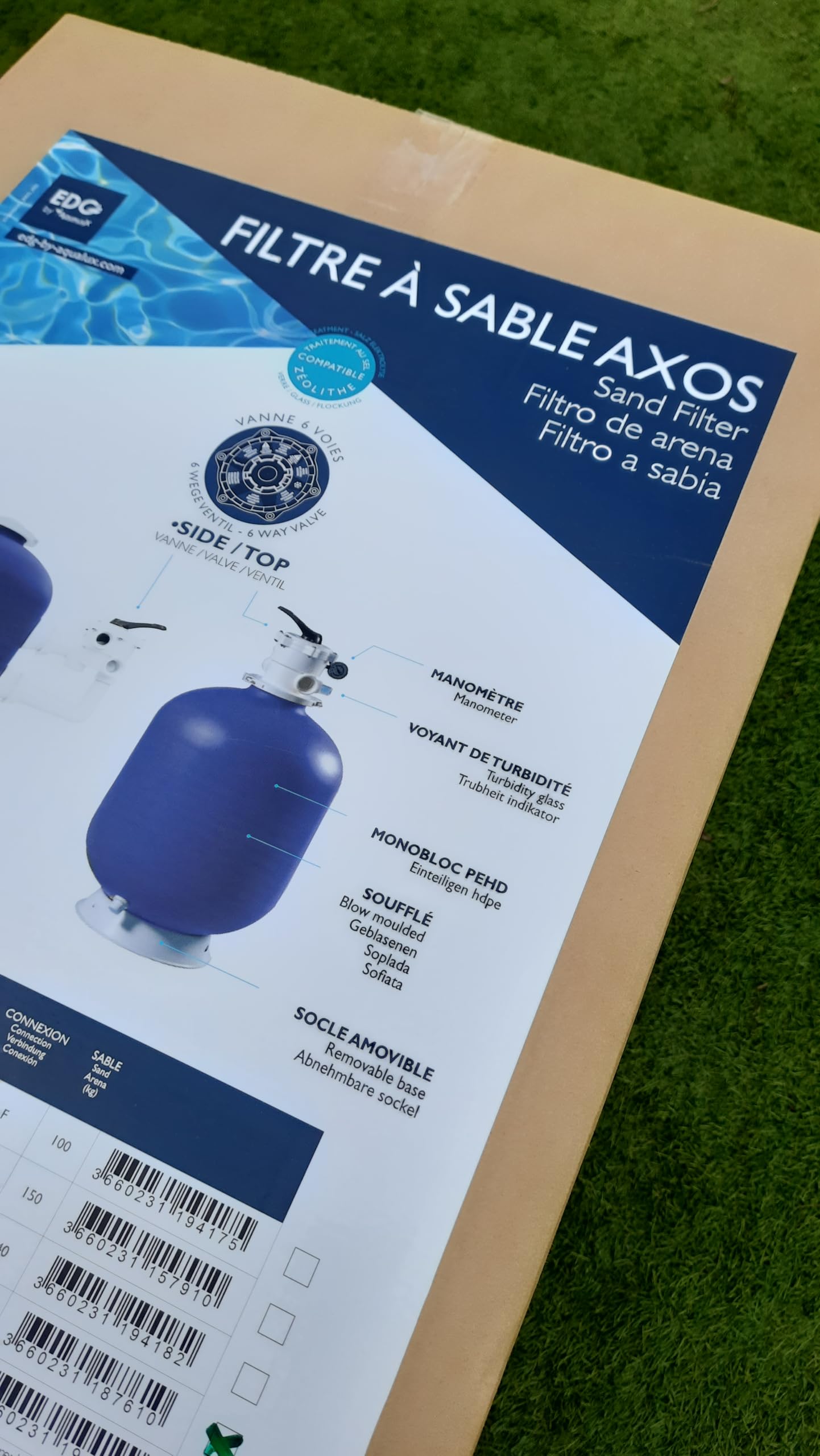 Filtre à Sable pour Piscine 14m3/h diam 615 - Filtre à Sable Piscine - 14m3/h - Diamètre 565mm - Fourni avec Vanne Top sur Le Dessus - Modèle AXOS XEO - EDG by Aqualux