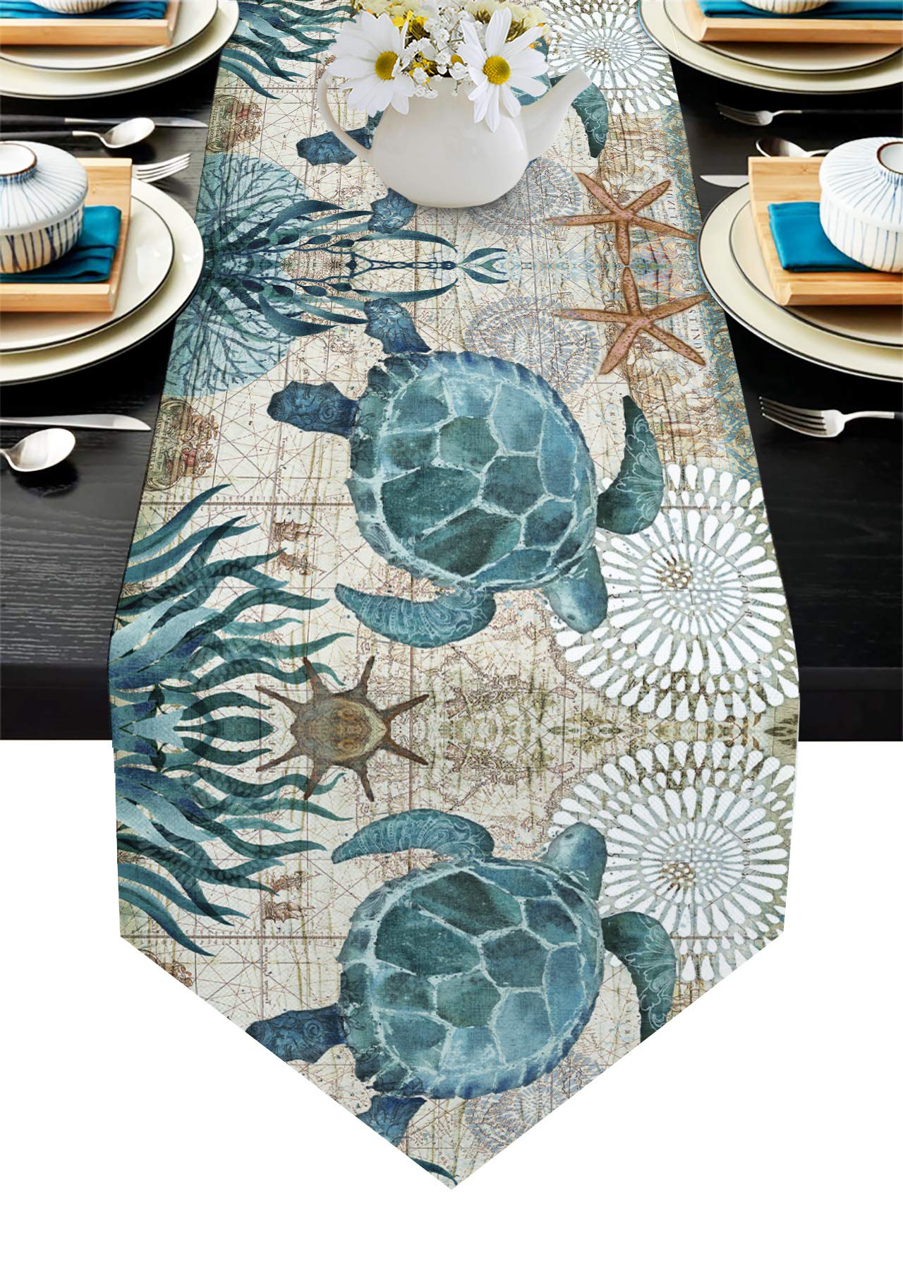 VandarllinCotton Linen Table Runner Dresser Scarves Sea Turtle Ocean Animal Nautical Themed&Retro Non-Slip Burlap Rectangle Table Setting Decor for Wedding Party Holiday Dinner Home, (13x70 inches)