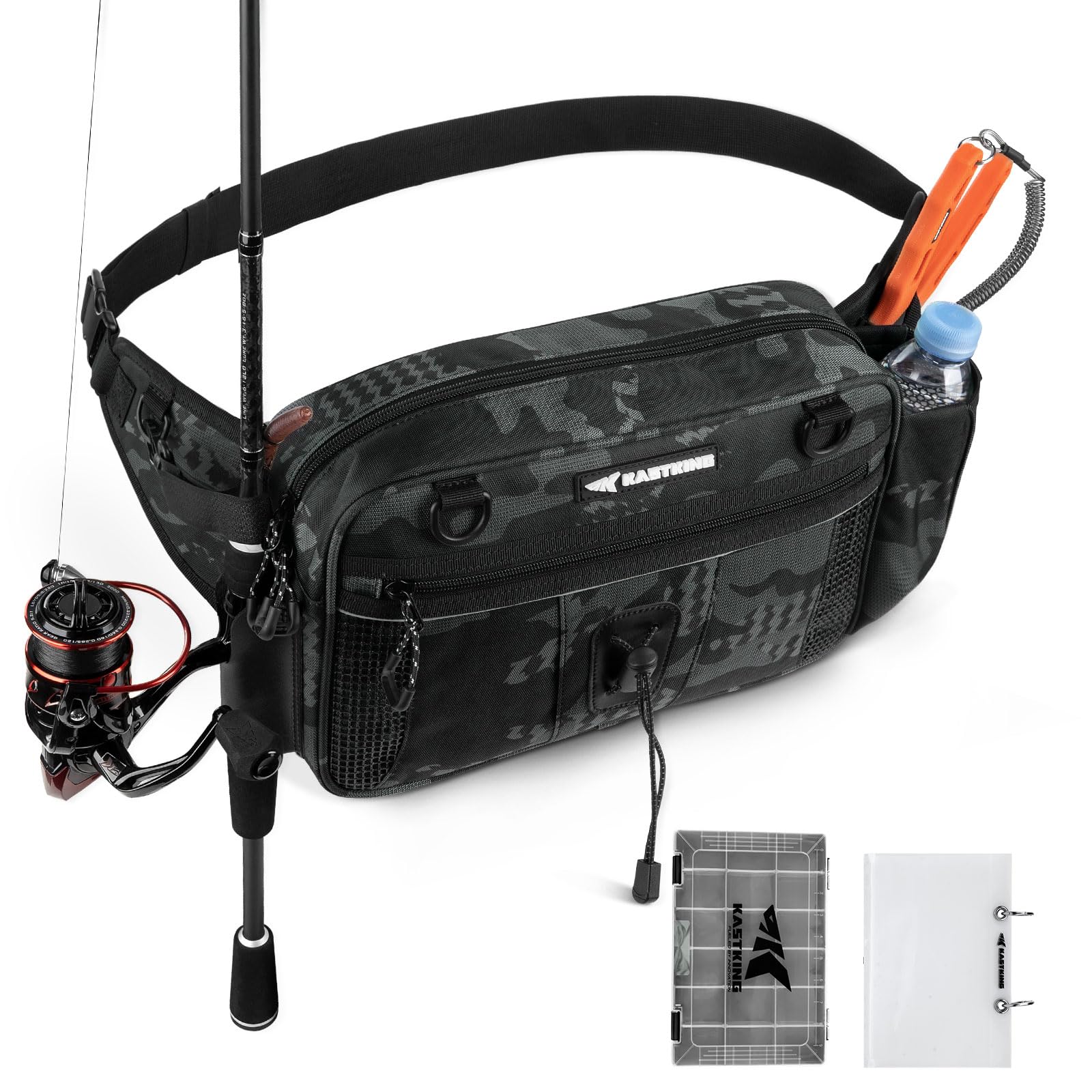 KastKing BaitSpace Waist Bag, Fishing Fanny Pack with Rod Holder,Black Camo