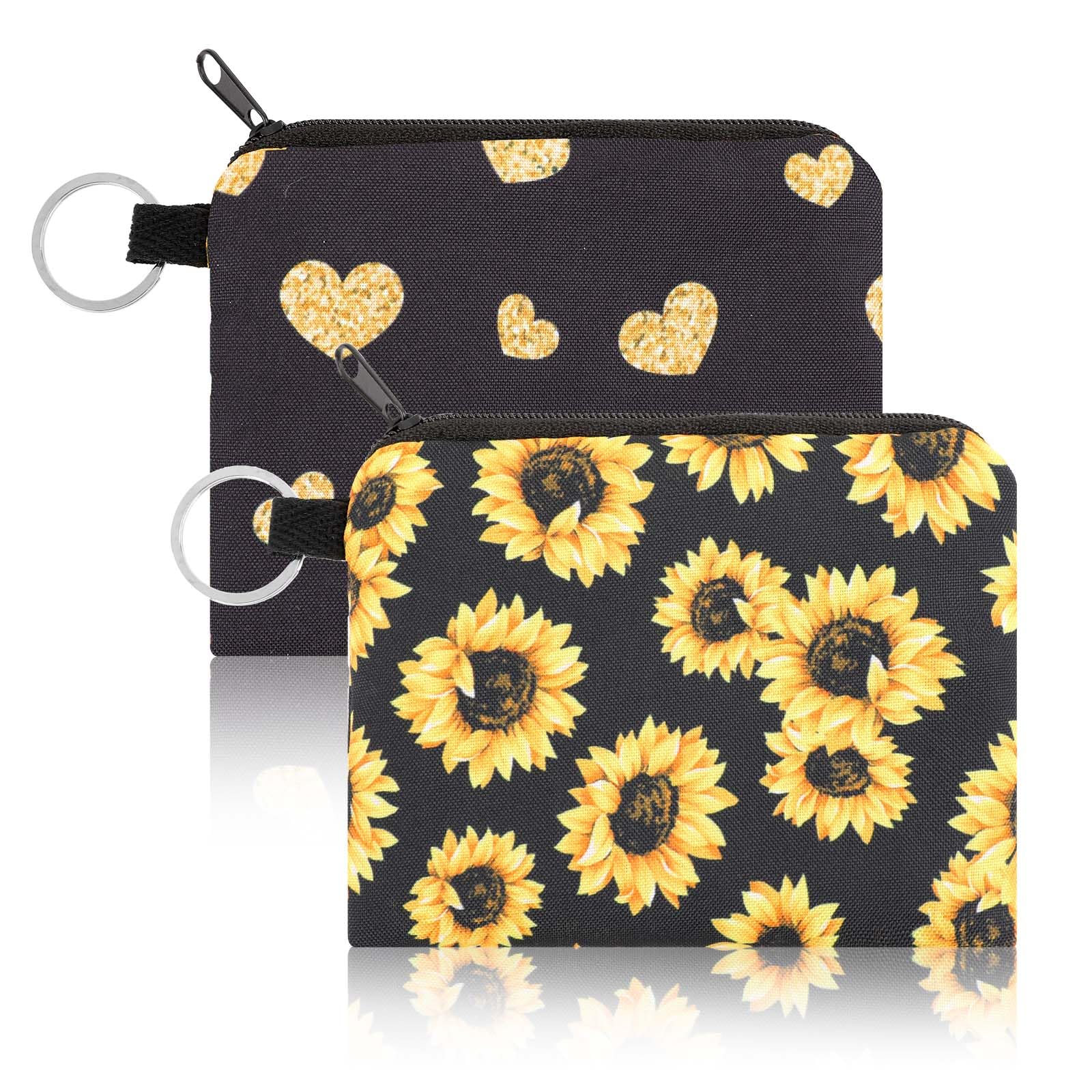 KALIONE2 Pcs Small Coin Purse for Women, Fabric Canvas Coin Purse Pouch,  Sunflowers Fabric Coin Purse Small Coin Pouch with Key Ring, Zipper Heart 