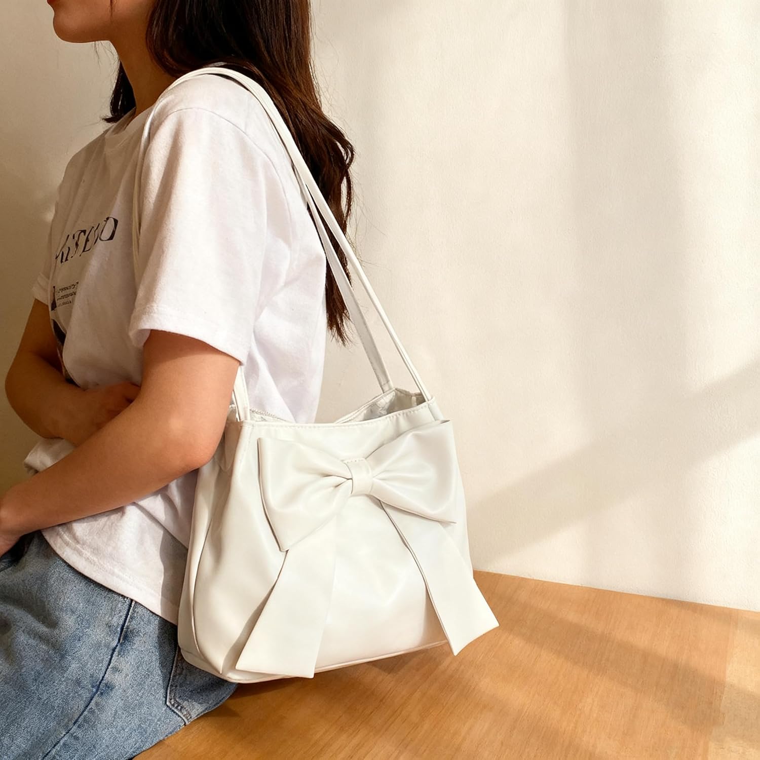 LUOZZY Bowknot Handbag Purse Cute Leather Mini Shoulder Bag Elegant Top-handle Totes Satchel for Women Girls - White