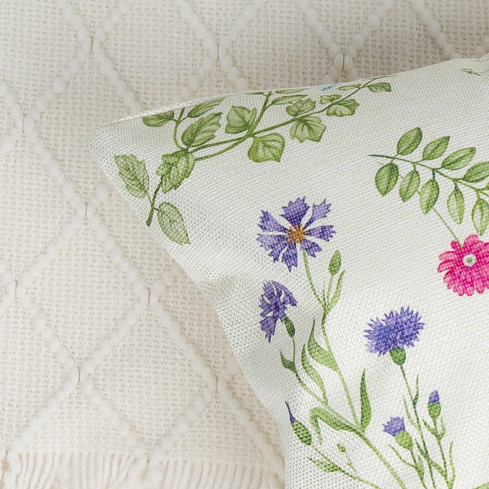 Bonhause Spring Floral Cushion Covers 45 x 45 cm Flowers Leaves Green Stripes Decorative Throw Pillow Covers for Sofa Bed Home Garden Patio Garden Outdoor Decor Set of 4 - Image 4
