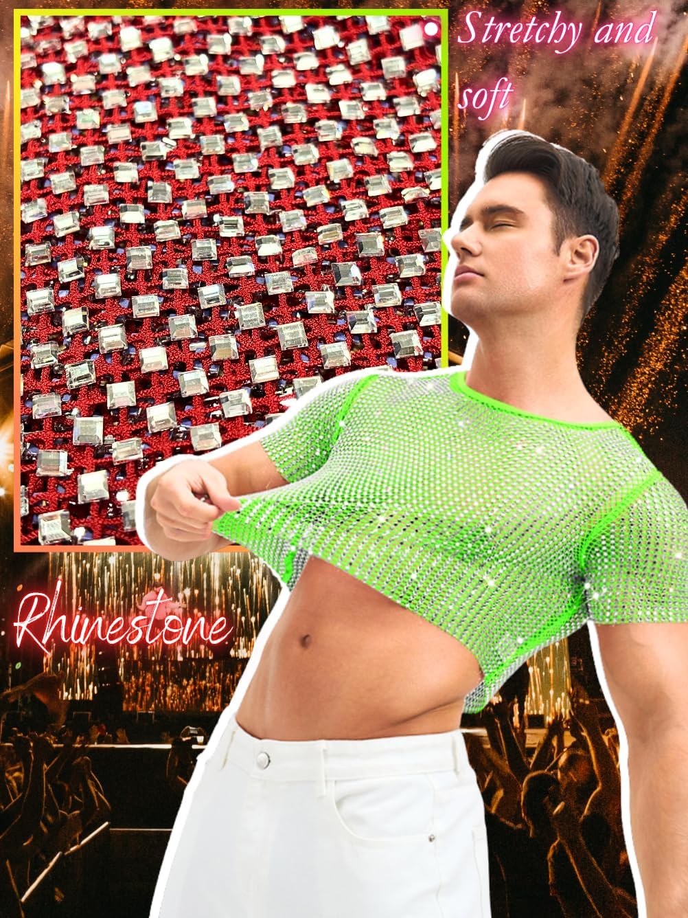ChiaoLezhee Unisex Heavy Drape Rhinestone Crop Top, Sparkly Rave Club Festival Outfits Sexy Sheer T-Shirt (Fits Chest 30-40")