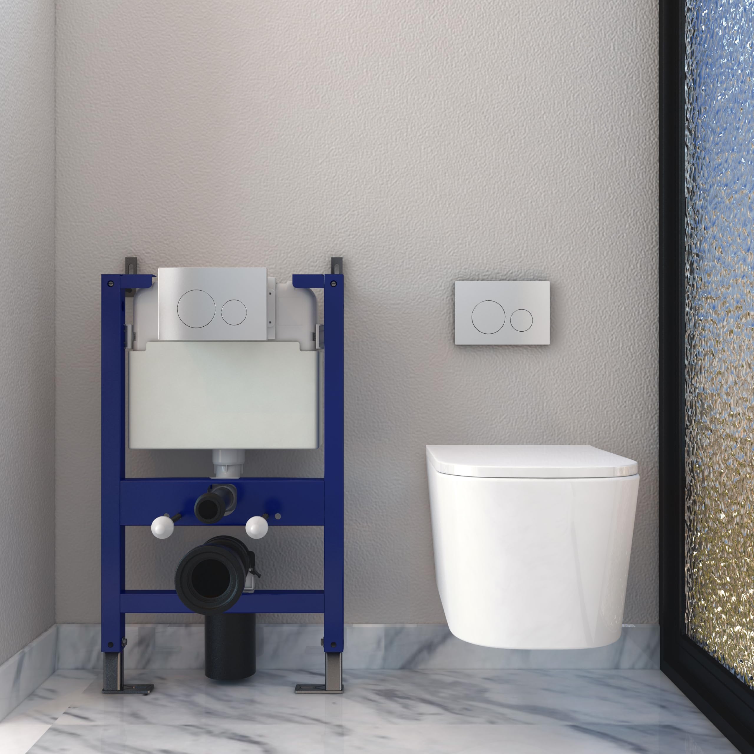 Simple Bathrooms Complete Set-345-Bw-Uf+X201 Modern Bathroom Rimless Wall Hung Toilet Square 0.82M Concealed Cistern Frame Short Projection Wc Pan Uf Soft Close Seat White-34B201