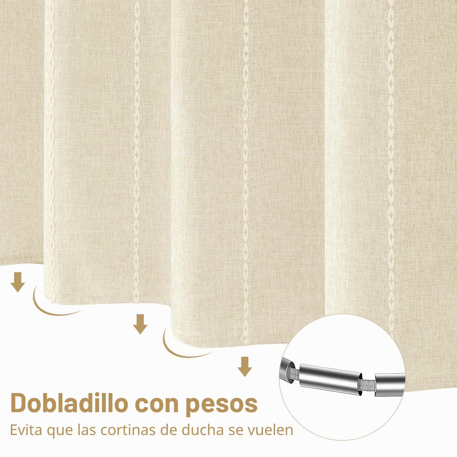 VANZAVANZU Cortina de Ducha de Rayas Bohemia - Cortina de Ducha de Lino y poliéster con Rayas Estilo rústico, Impermeable, Estilo rústico, Estilo Shabby Chic, 182 x 182 cm Beige