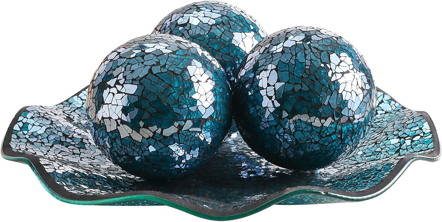WHOLE HOUSEWARES 11.5" Glass Mosaic Decorative Tray Dish Plate Centerpiece Bowl with 3PCS 3.75" Mosaic Decorative Balls (Turquoise) : Home & Kitchen