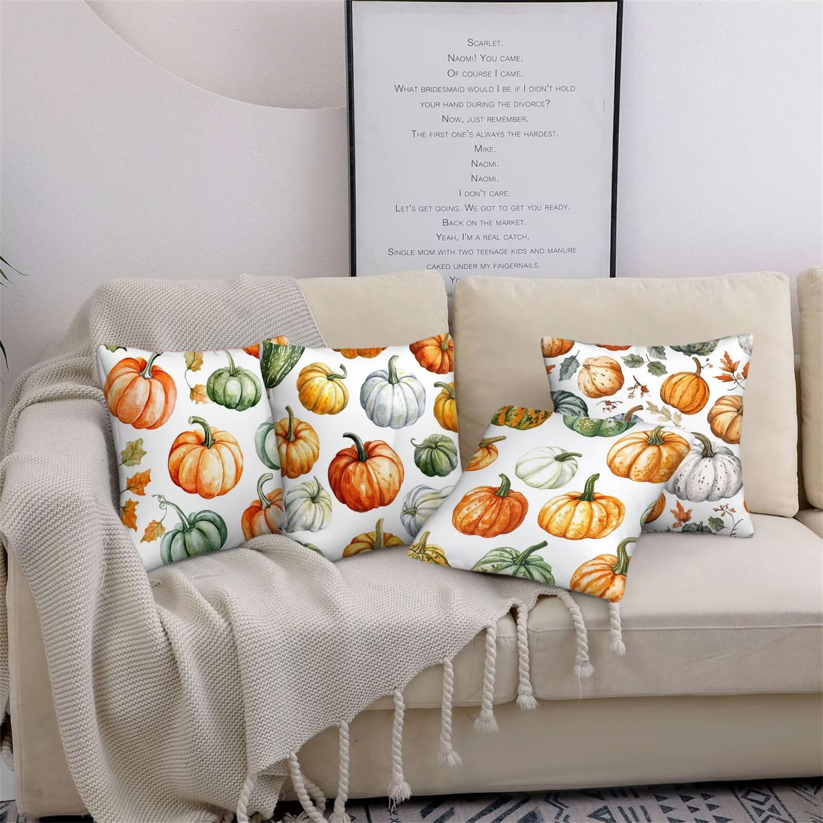 Poduszki Sofa Jesienna Dynia Poszewka na poduszkę 60 x 60 Poduszka Dekoracja łóżka Zestaw 4 aksamitnych kwadratowych poszewek na poduszki z ukrytym zamkiem błyskawicznym Nadaje się do salonu Sofa