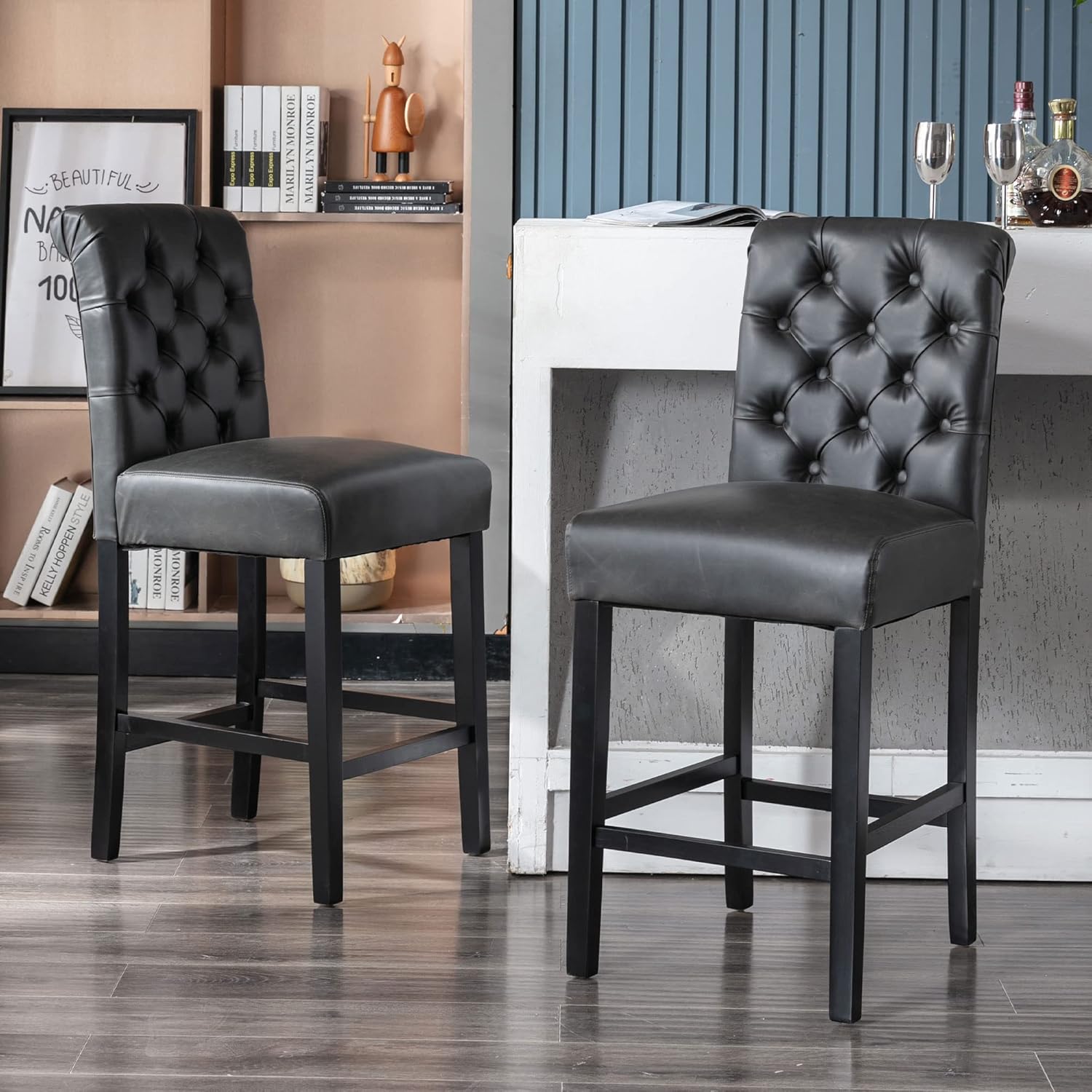 Bar Stools Set of 2, 26 inch Faux Leather Counter Height Barstools Modern Upholstered Kitchen Island Wood Bar Chairs for Home Pub/Bistro/Coffee House, Black
