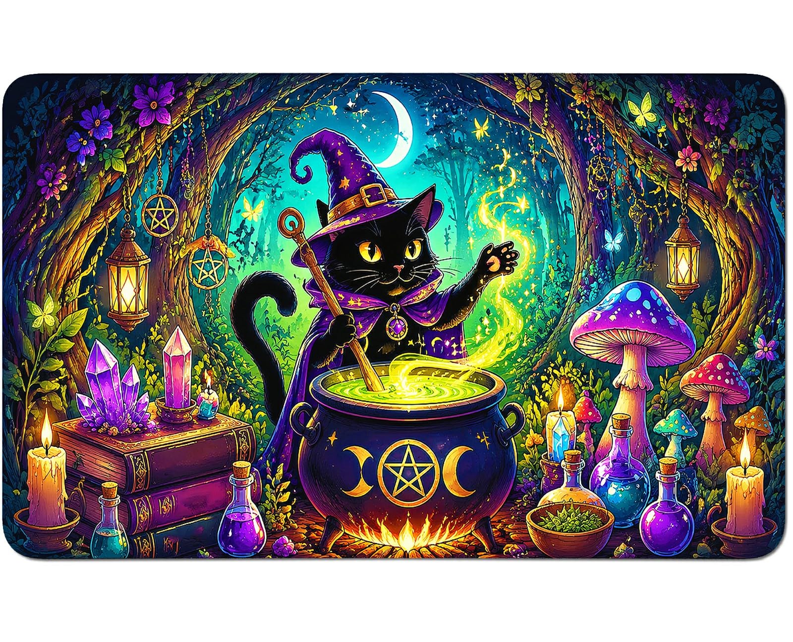 RWUTYTIUL Candle Black Cat for TCG Playmat 24 X 14 Inch with Play Zones, Stitched Card Game Mat for Commander Board MTG RPG CCG Desktop Tablet Mouse Pad for Enthusiasts Playing Accessories