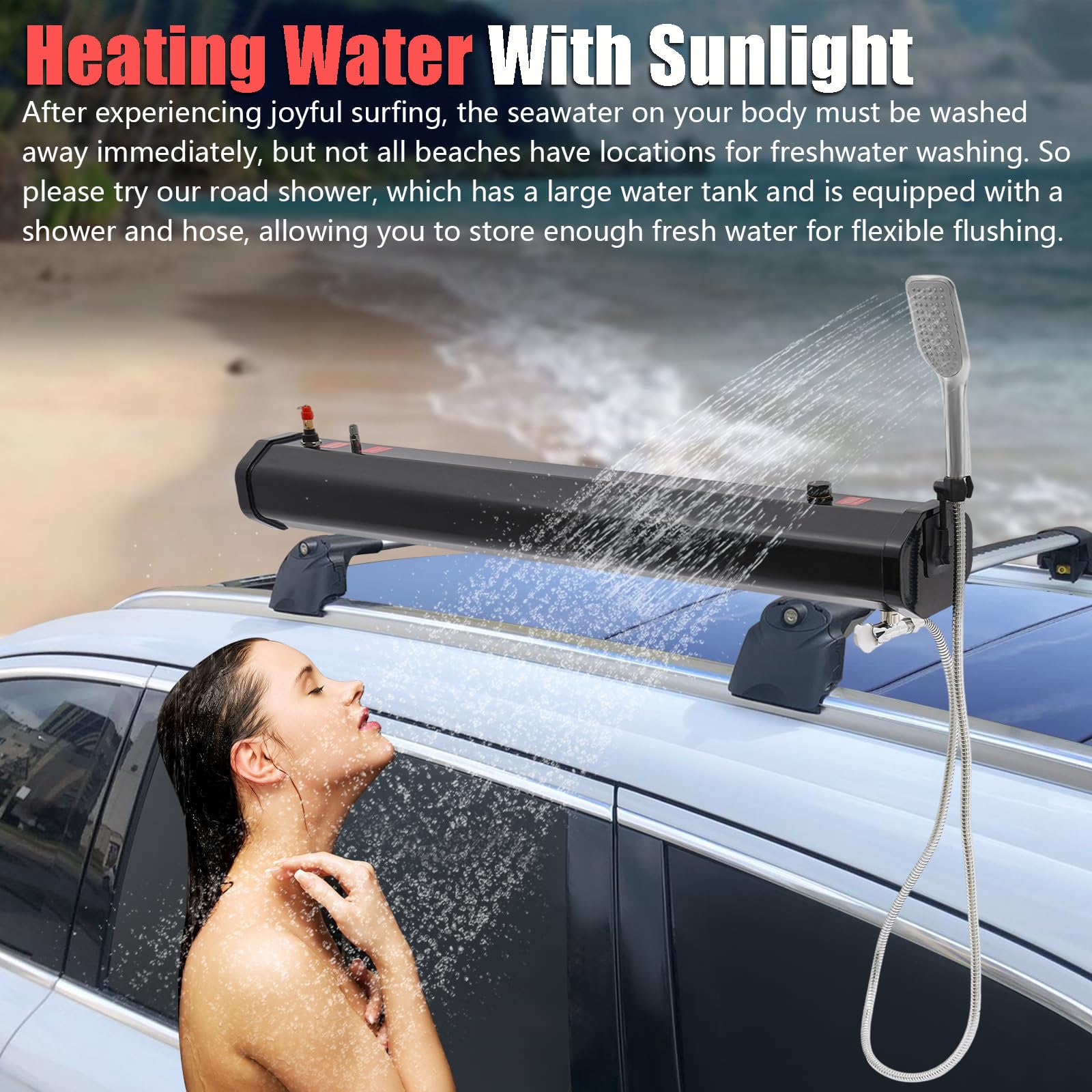 Doccia Portatile Riscaldata dal Sole per Campeggio - Serbatoio d'Acqua da 18L/20L/30L per Portapacchi - Nessuna Pompa/Alimentazione Necessaria per Esterni, Lavaggio Auto e Animali,5.3Gal/20L