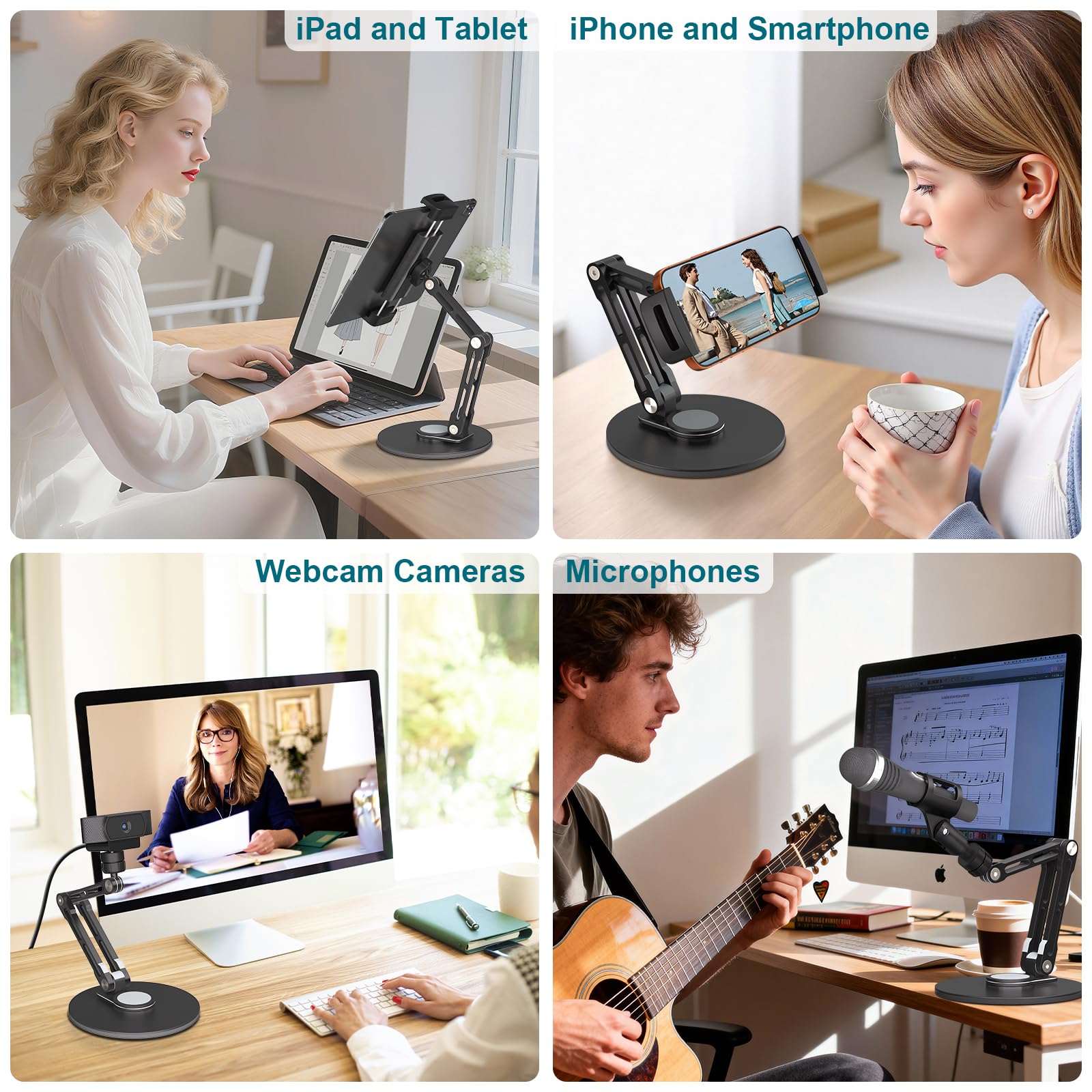 Supporto da scrivania per iPad, supporto per tablet con rotazione a 360°, base in metallo, morsetto per iPad, compatibile con iPad Pro, Surface Pro, monitor portatile, iPhone, adattatore a vite per