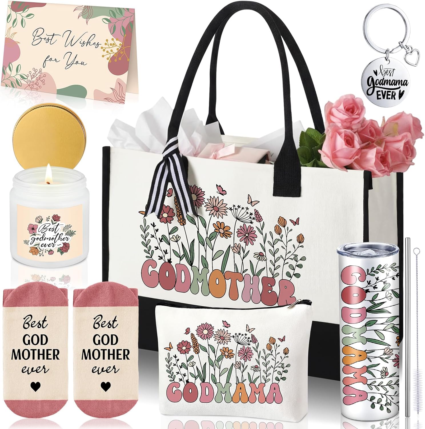 Patelai 7 Pcs Mothers Day Gifts for Grandma, Grandma Gifts from Grandkids Thank You Grandmother Gift Set with 20oz Tumbler Floral Tote Bag Candle Socks Makeup Bag Keychain Card for Birthday