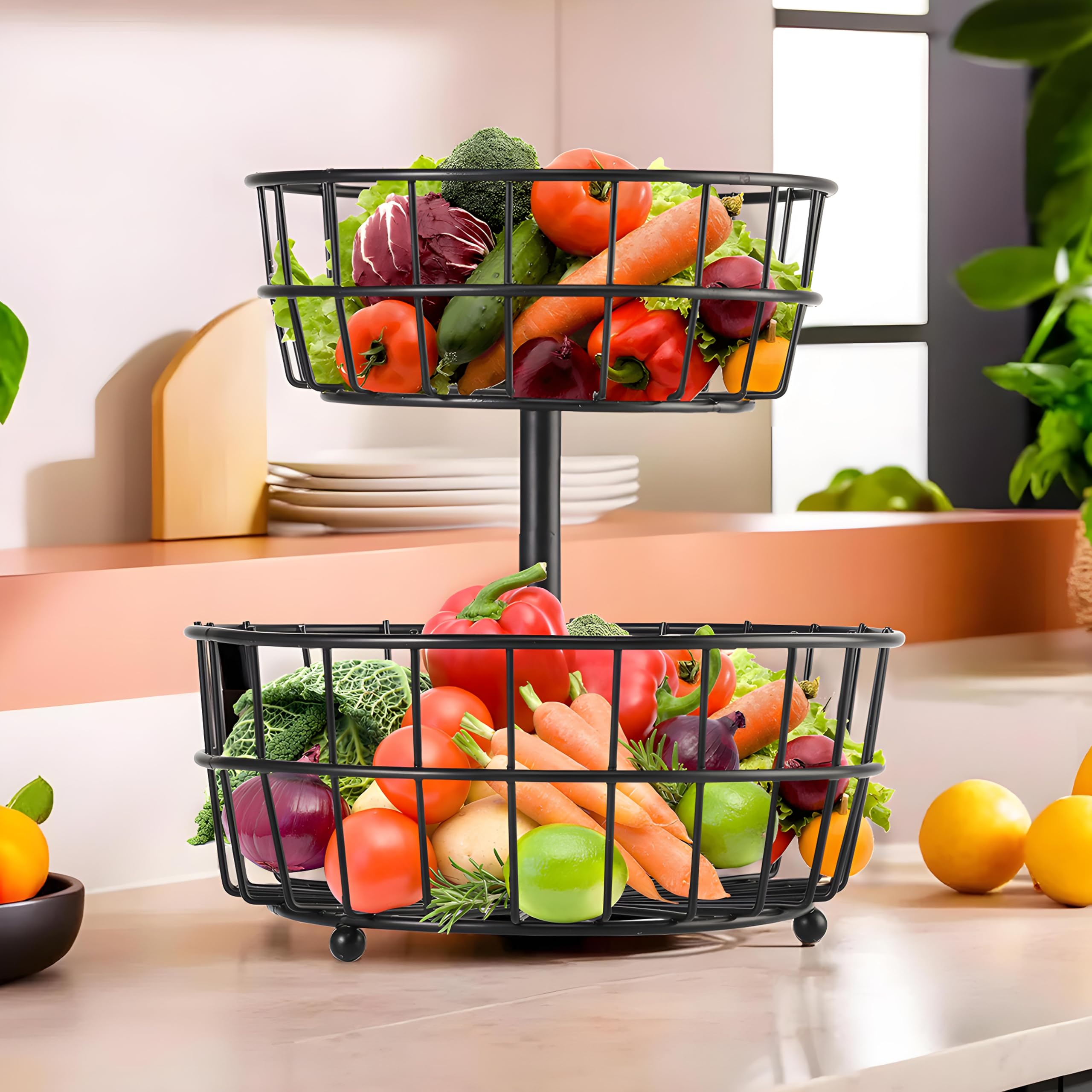 Kuber Industries Metal 2-Layer Basket Organizer for Kitchen - Pyaj/Onion Storage Basket & Circular Countertop Side Stand | Black-picture-37