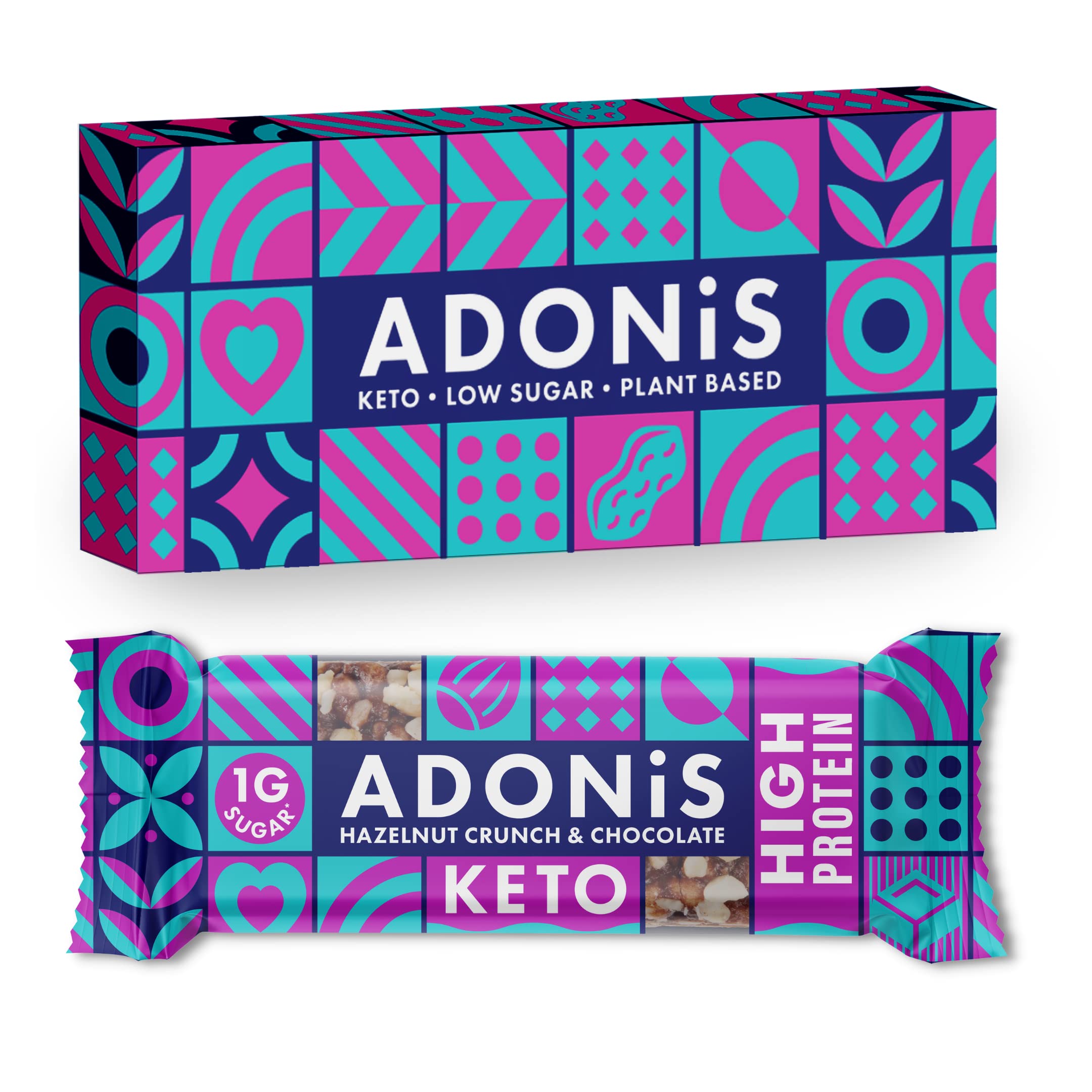 Adonis Keto Barrete Proteiche | Nocciola & Cioccolate Cheto Bar | Snack Bar Cheto, Alto Proteine, A basso Contenuto di Carboidrati, Vegano, Senza Zuccheri, Poche Calorie, Perdita di Peso (16 Pezzi)