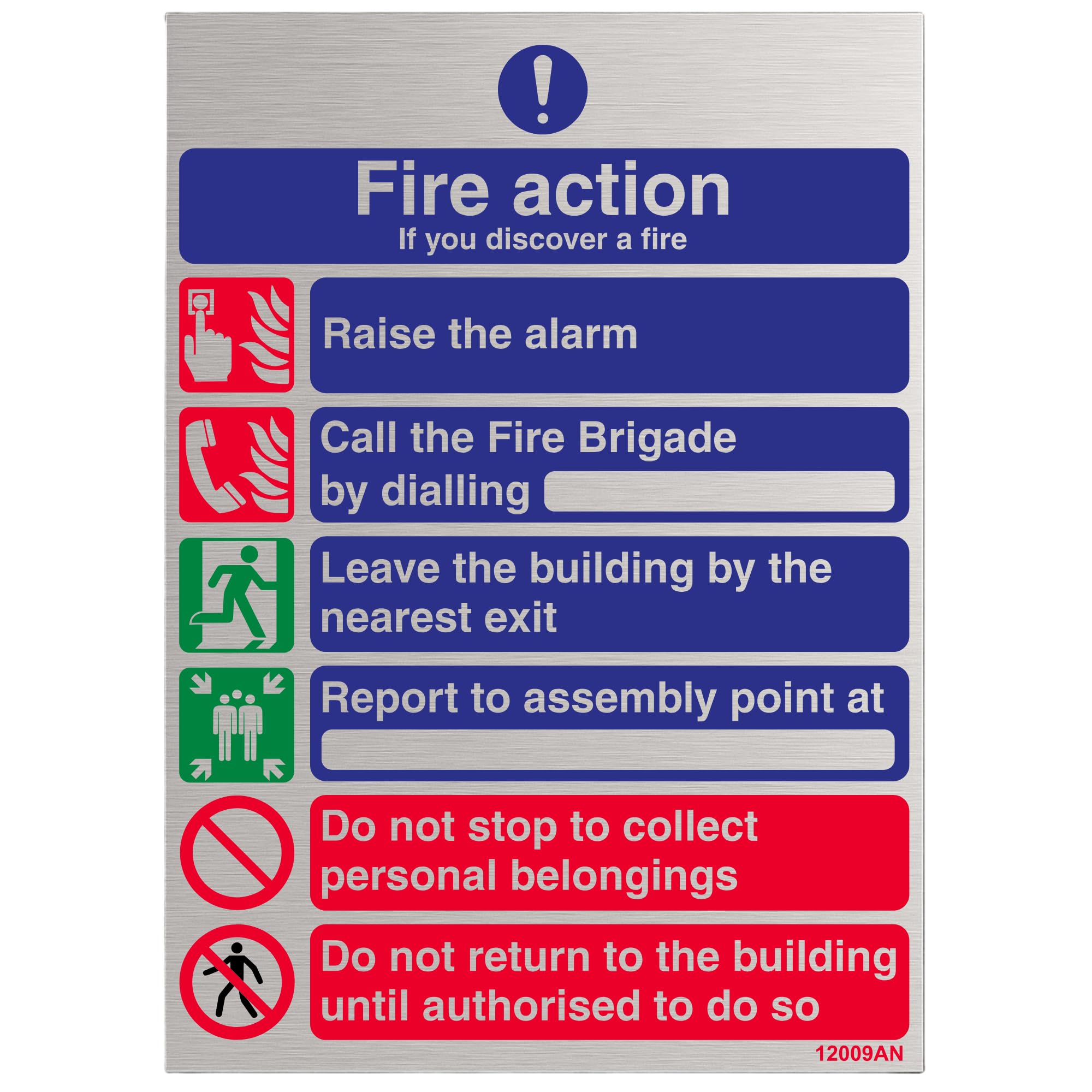 VSafety General Fire Action 6 Message Sign - 150mm x 200mm - Self Adhesive Alu Effect