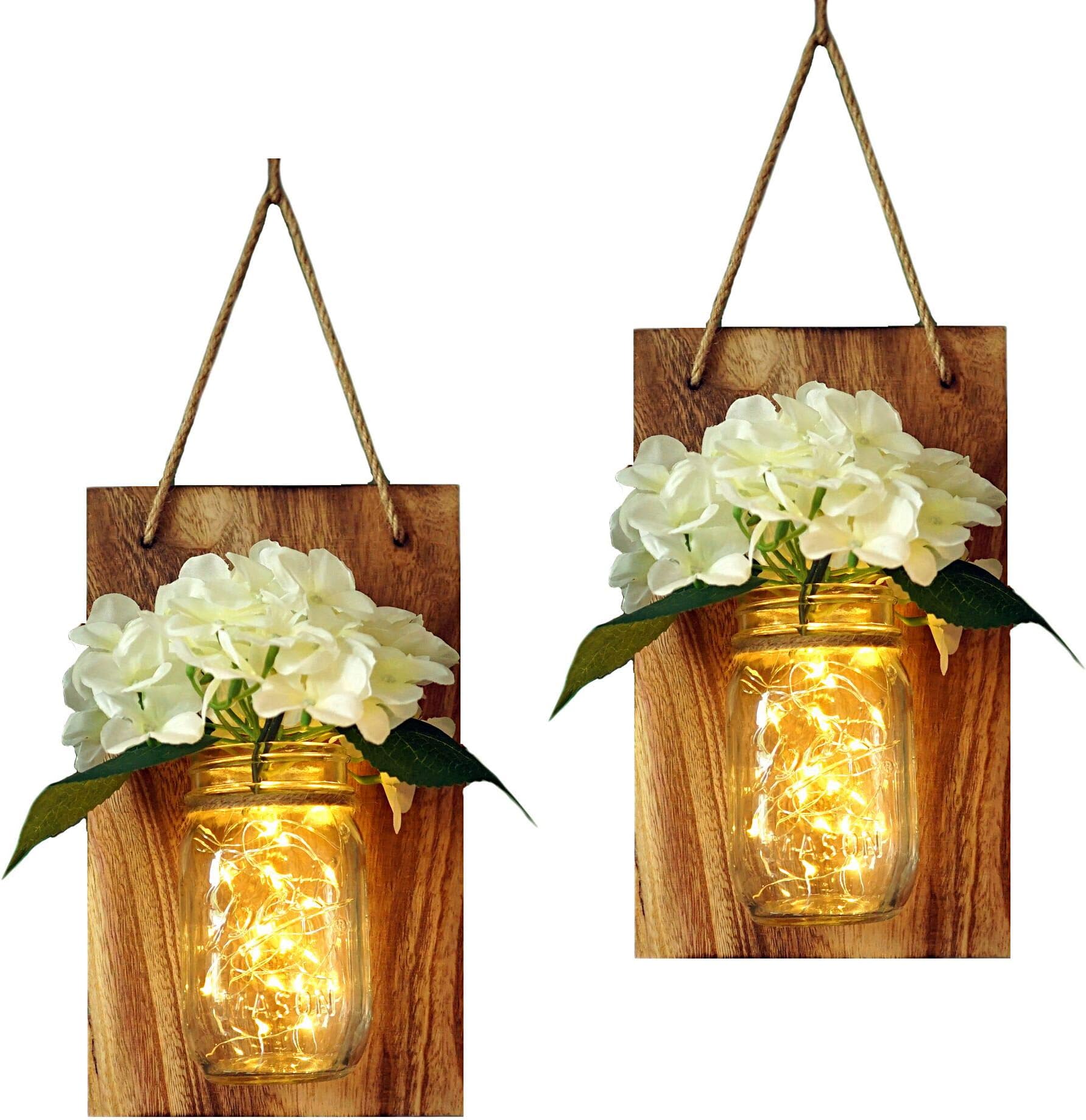 Rustic Hanging Mason Jar Sconces,2 Set Mason Jar Lights with Battery Powered Fairy Firefly Led String Jar Lights,Silk Hydrangea Flowers Handmade Wood with Hemp Rope,Mason Jar Wall Decor Lights
