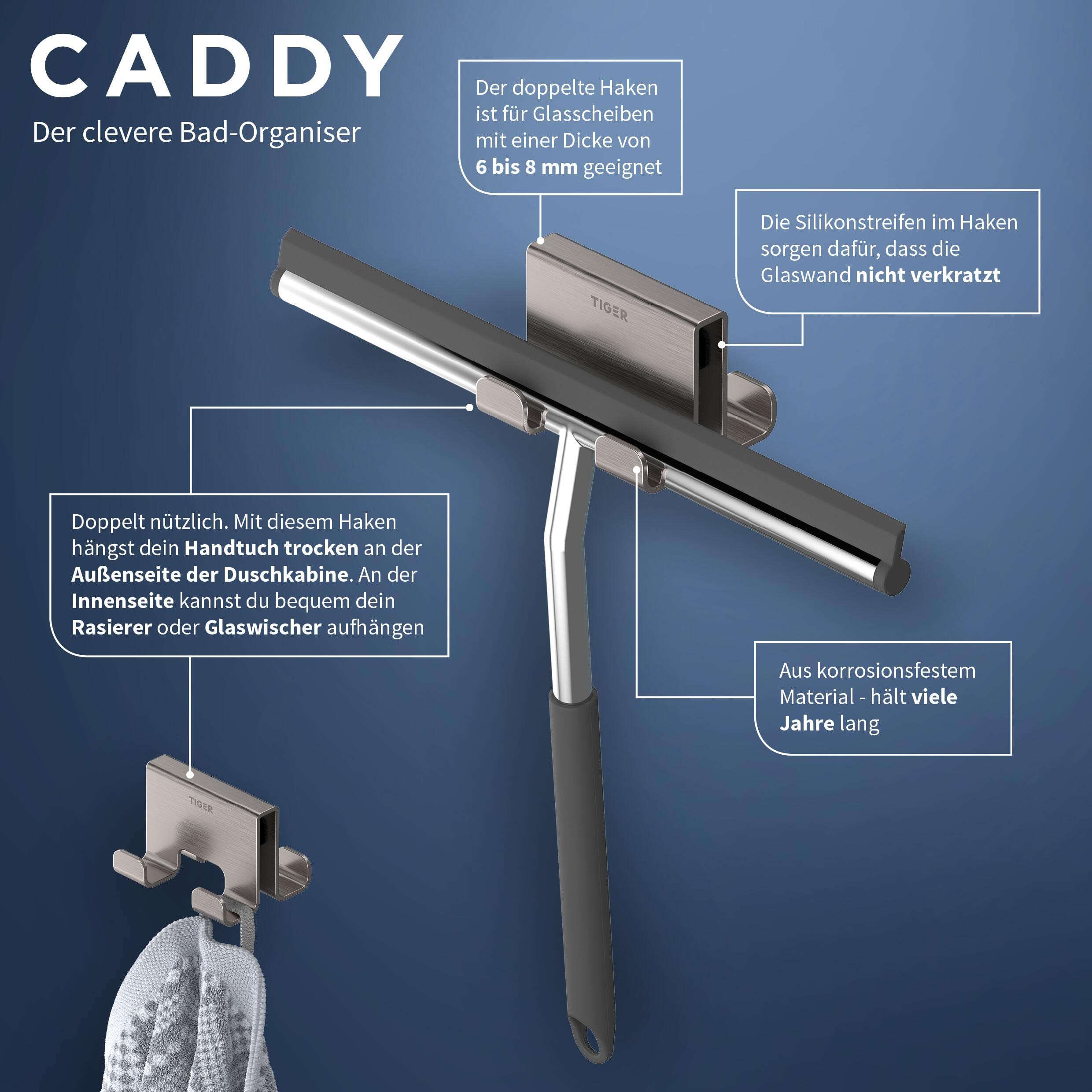 Tiger Caddy Towel Hook for Shower Enclosure 6-8 mm Double 5 6 x 7 x 5 cm Brushed — view 2