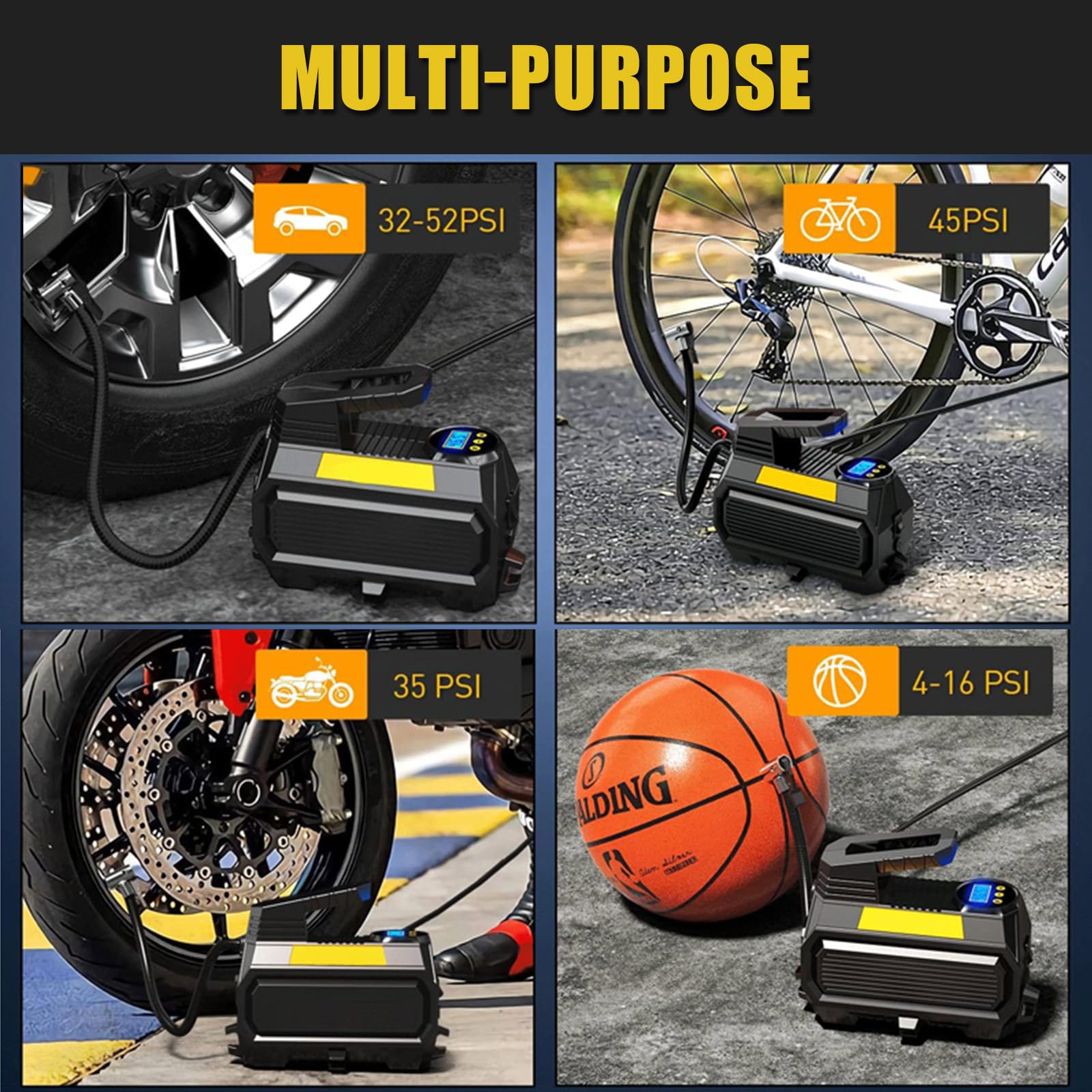 Pompka do opon, przenośna pompa sprężarki powietrza do opon samochodowych, 12 V DC, automatyczna pompa do opon z cyfrowym manometrem, 150 PSI z awaryjnym światłem LED, do roweru samochodowego