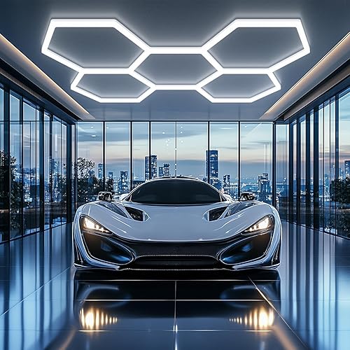 Miniatura 10 de Luces Hexagonales de Cochera - Luces Hexagonales Atenuables de 3 Etapas, Luz de Panal de Abeja de 6500K 17280LM para Detalles de Techo de Coche,