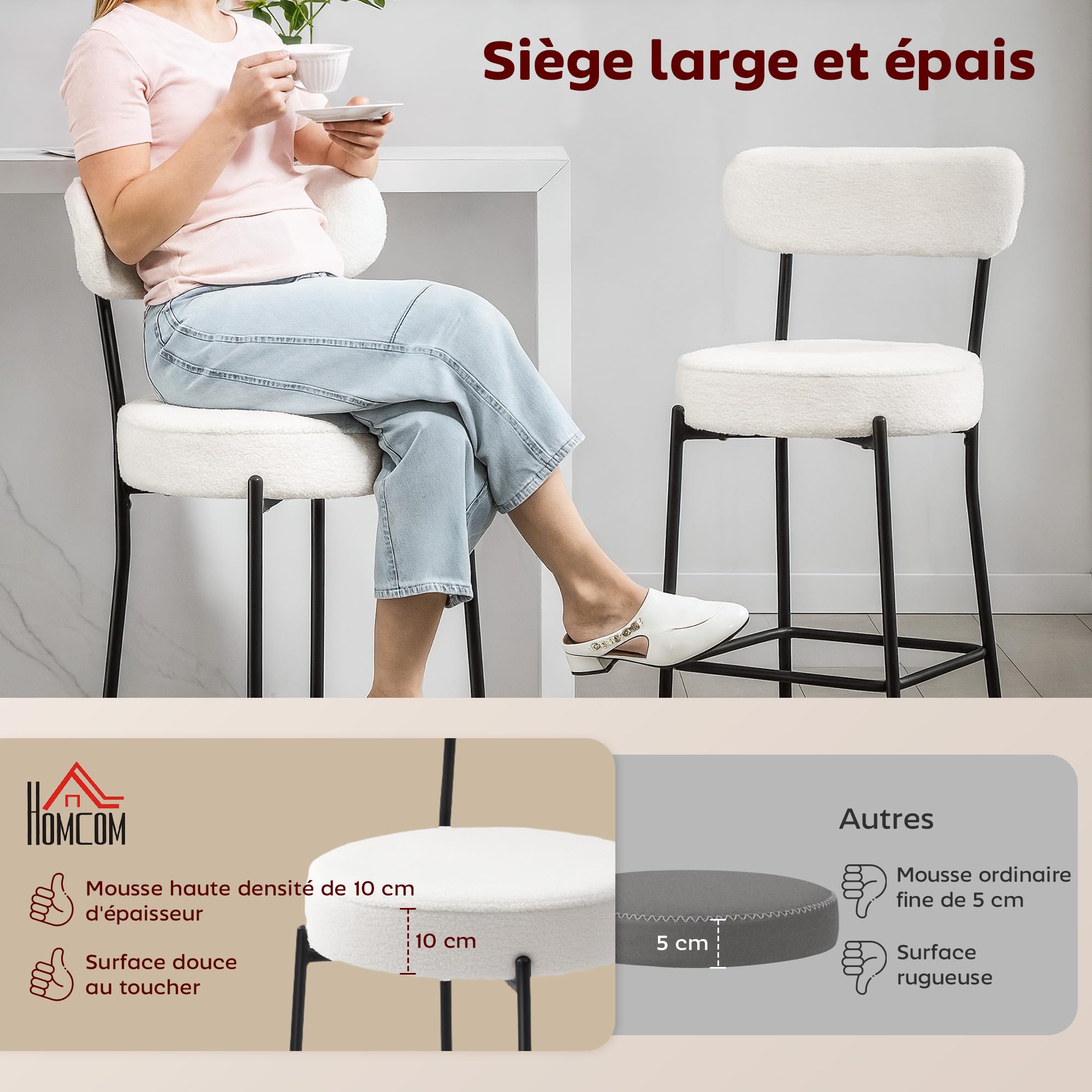 HOMCOM Lot de 2 Tabourets de Bar en Tissu Bouclette Assise 68H cm Crème | Chaises de Bar, Assise Large, Dossier Courbé, Repose-Pieds, Pieds en Acier, Chaises Hautes Cuisine, Salle à Manger, Comptoir