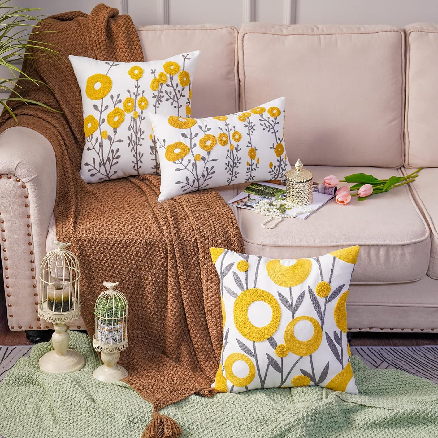 ARTMAGIC Yellow Boho Pillow Covers Handcrafted Embroidery Decorative Throw Pillows Cover Bohemian Style Modern Square Pillow Case for Sofa Couch Chair Living Room Decor (18x18 Inches, Yellow 02) - Image 3