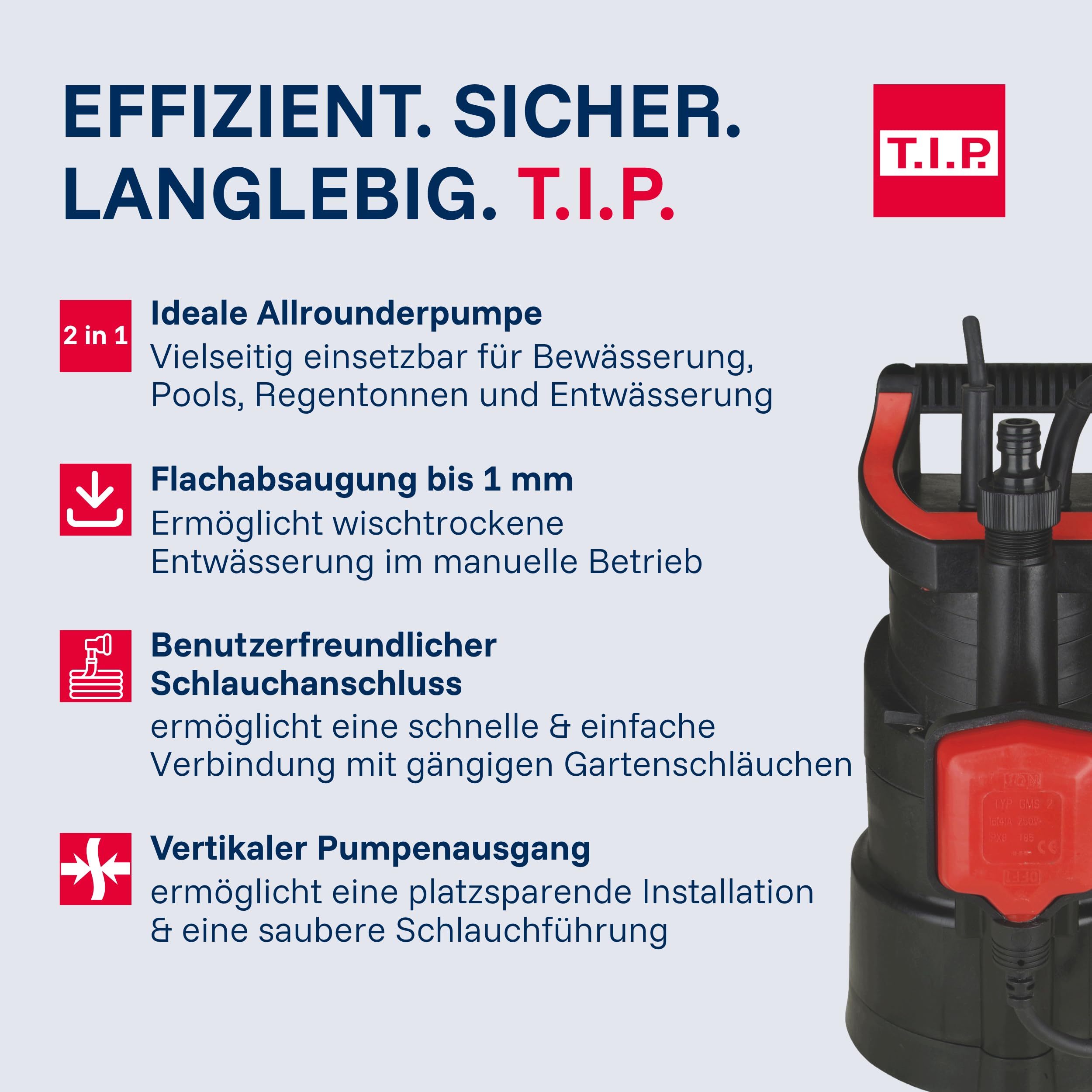 T.I.P. Tauchdruckpumpe DrainPress 3200/24-3.200 l/h, Flachabsaugend bis 1 mm, 24 m Förderhöhe, 2,4 bar Druck, Regenfasspumpe mit Schnellanschluss, 30182