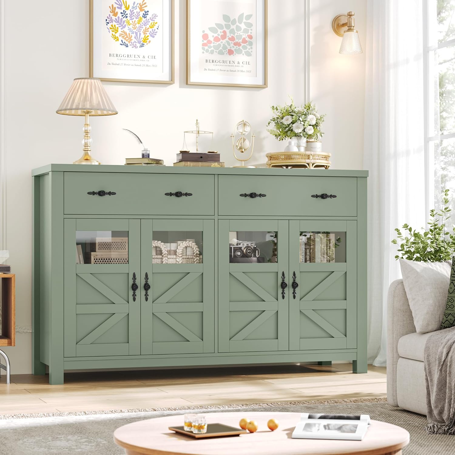 FINETONES Sideboard Buffet Cabinet with Storage, 55" Long Buffet Cabinet with 4 Doors & 2 Large Drawers, Modern Sideboard Coffee Bar Console Table for Kitchen, Green