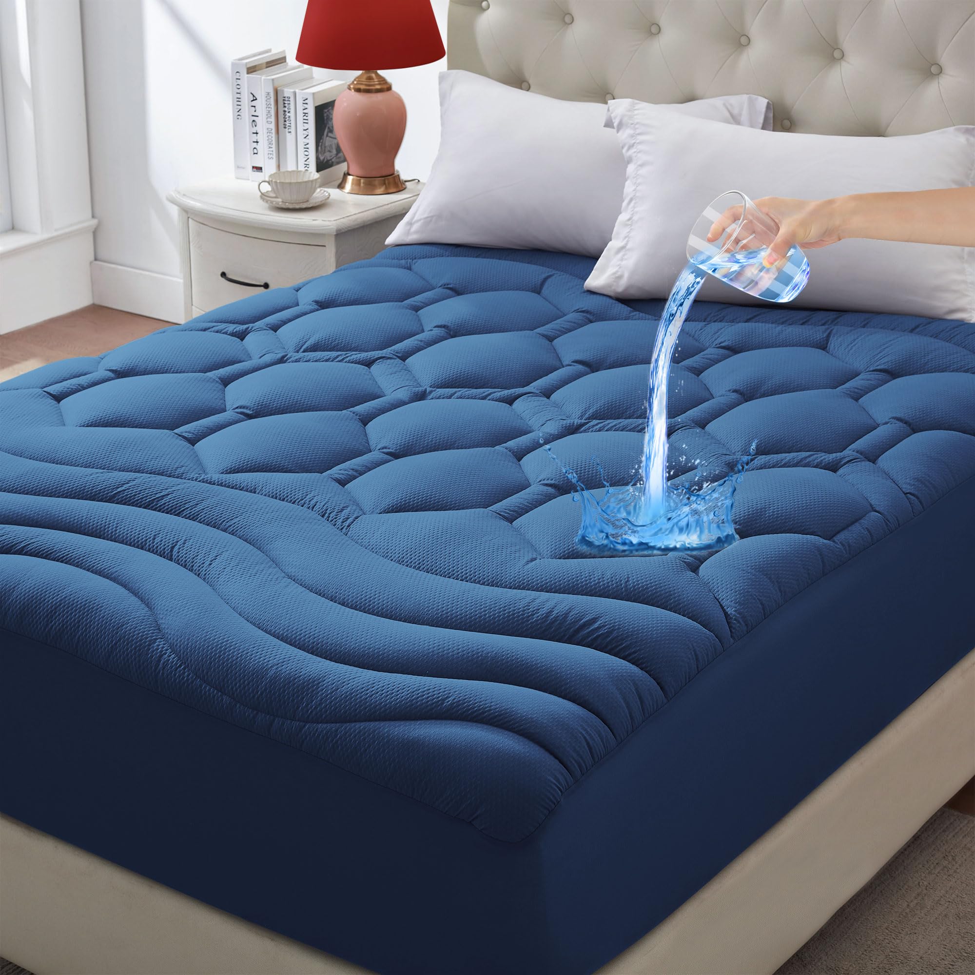 ELVEN HOME Full Size Waterproof Mattress Pad Soft Breathable Full Size Mattress Topper Quilted Fitted Mattress Pad Protector Noiseless Nonslip Cooling Mattress Cover Deep Pocket 8-21", Navy