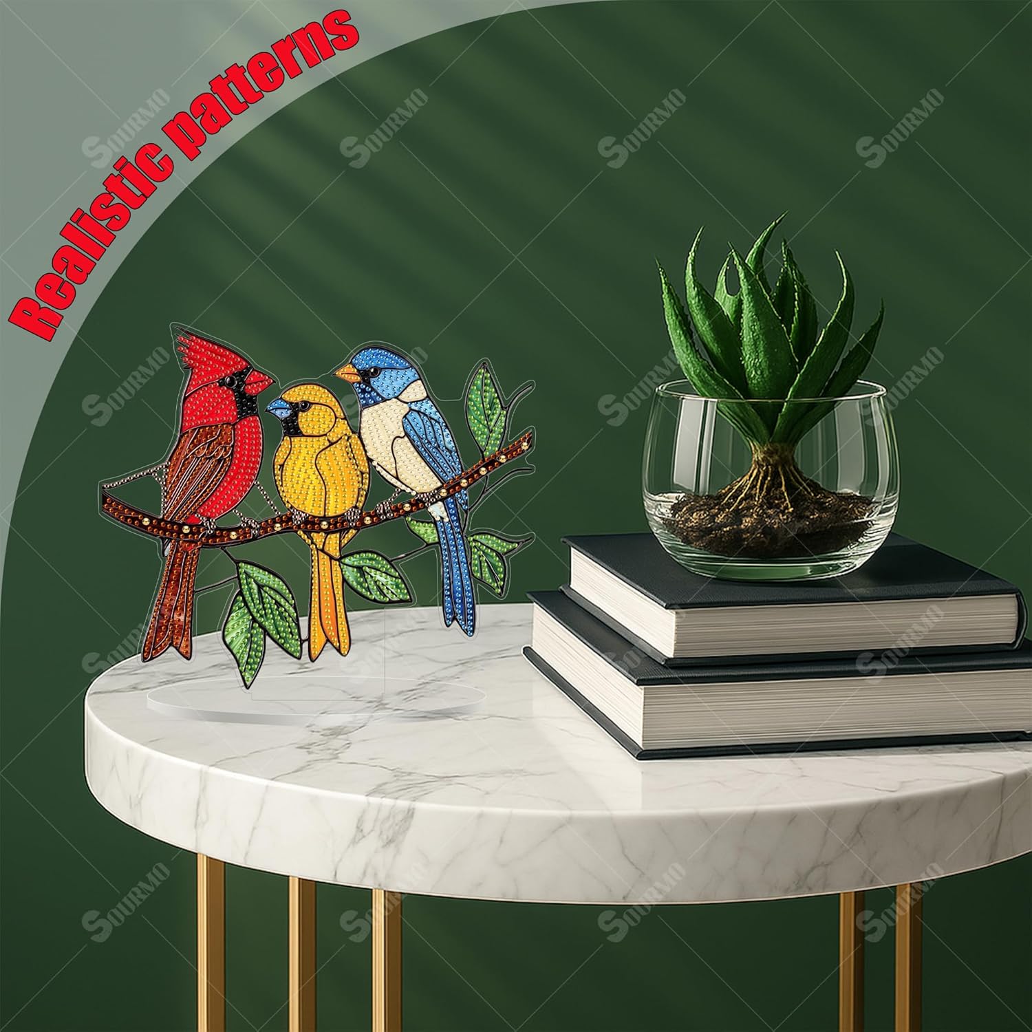 SOURMO Tabletop Diamond Art Painting Kit Bird, DIY Double Sided Acrylic Diamonds Painting Board Kit for Adults, Gem Art Painting on Stand (Cardinal)