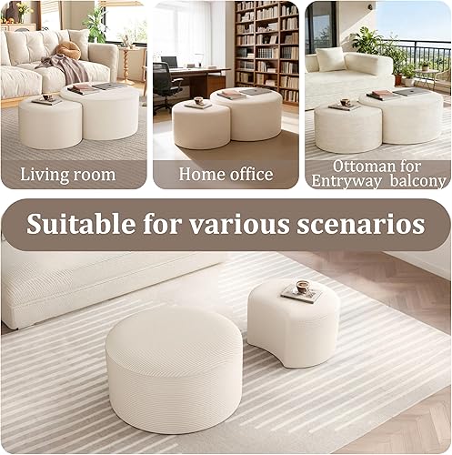 Miniatura 8 de Juego de 2 mesas auxiliares redondas, otomanas movibles para sofá modular de pana, mesa auxiliar redonda de espuma para sala de estar, juego de