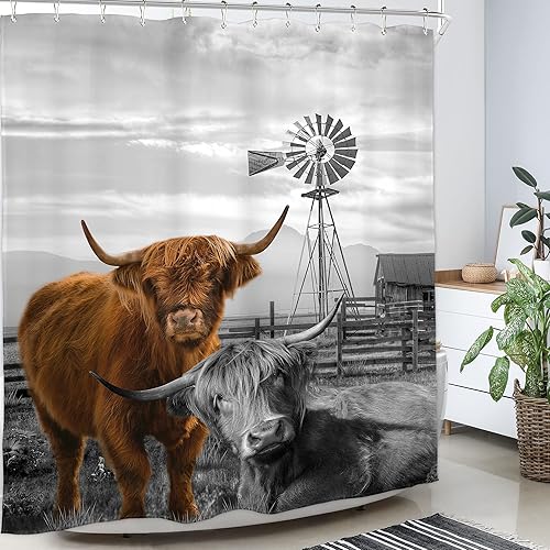 Miniatura 4 de Homewelle Cortina de ducha rústica de vaca de las tierras altas, ganado, granja, puerta de granero de madera, toro, campo occidental, lindo tablero