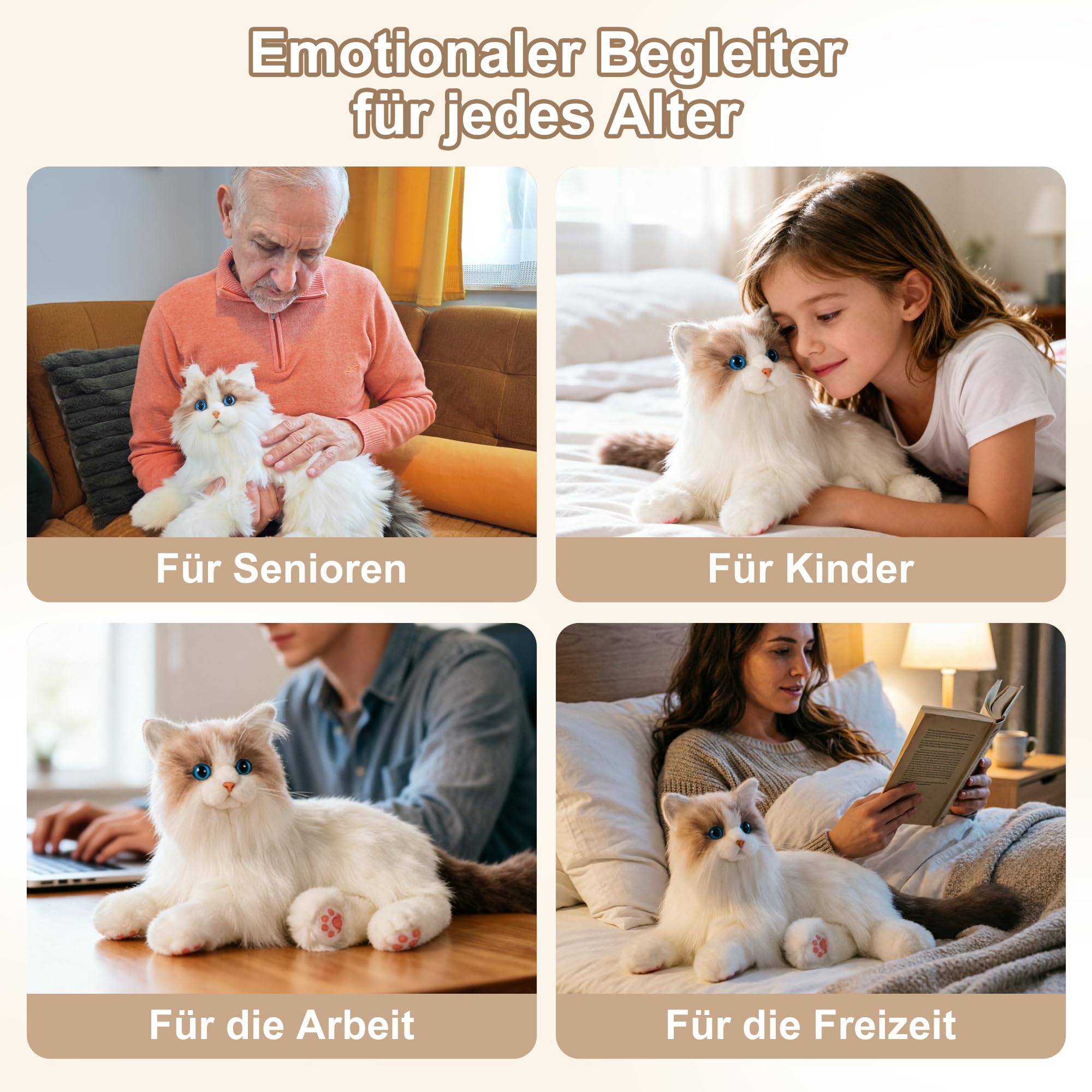 Chongker Roboterkatze | Interaktiver Elektronische Katze, Beschwertes Kuscheltier mit Geräuschreaktion | Realistischer Herzschlag & Schnurren | Lebensechter Plüschfreund zum Kuscheln (Weiß)