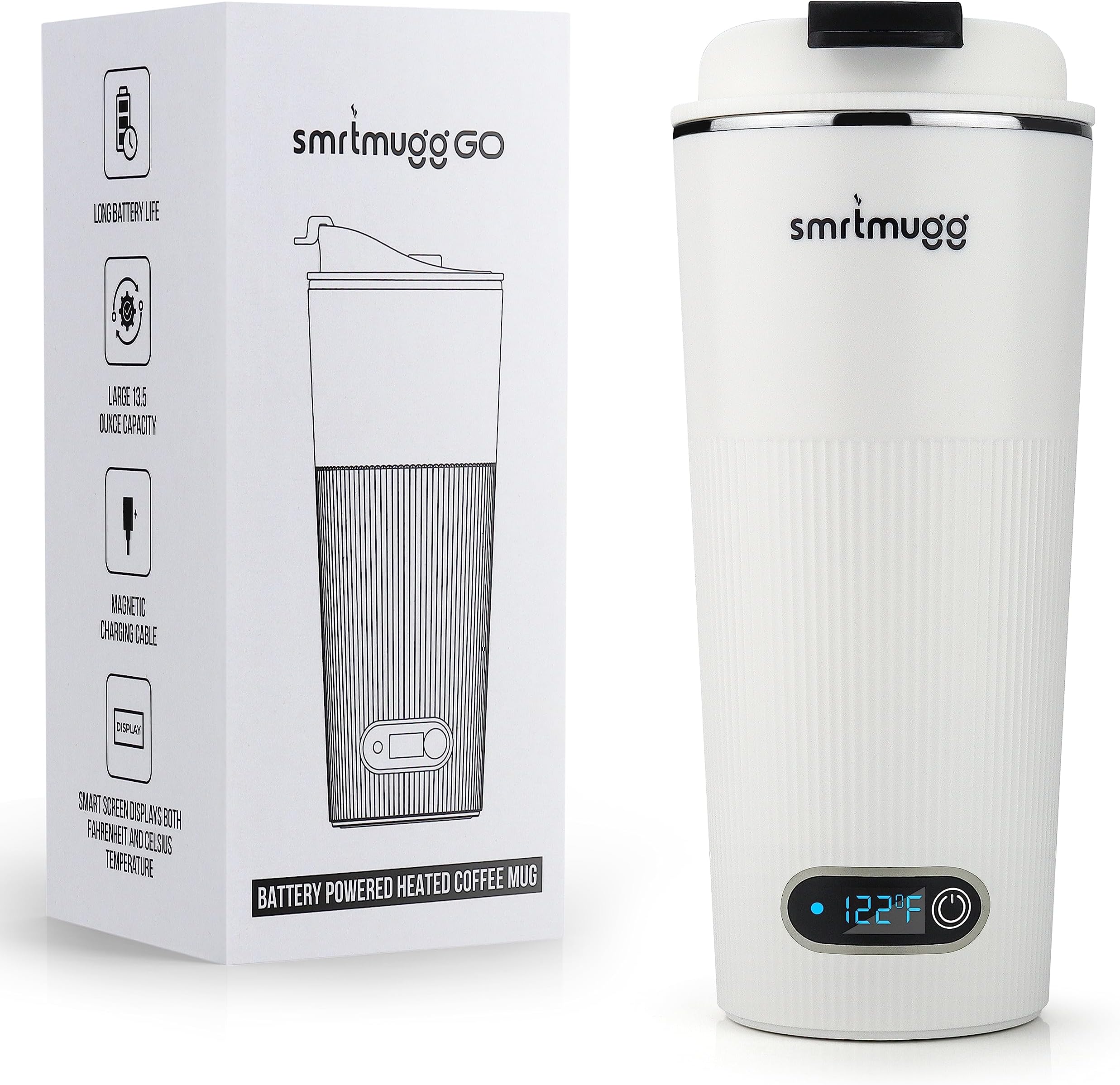 GO Heated Coffee Mug, Travel Mug, 13.5 OZ. Smart Mug, Battery Powered Heated Coffee Mug, Great for Coffee and Tea, Snap on Magnetic Charging Cord (White)