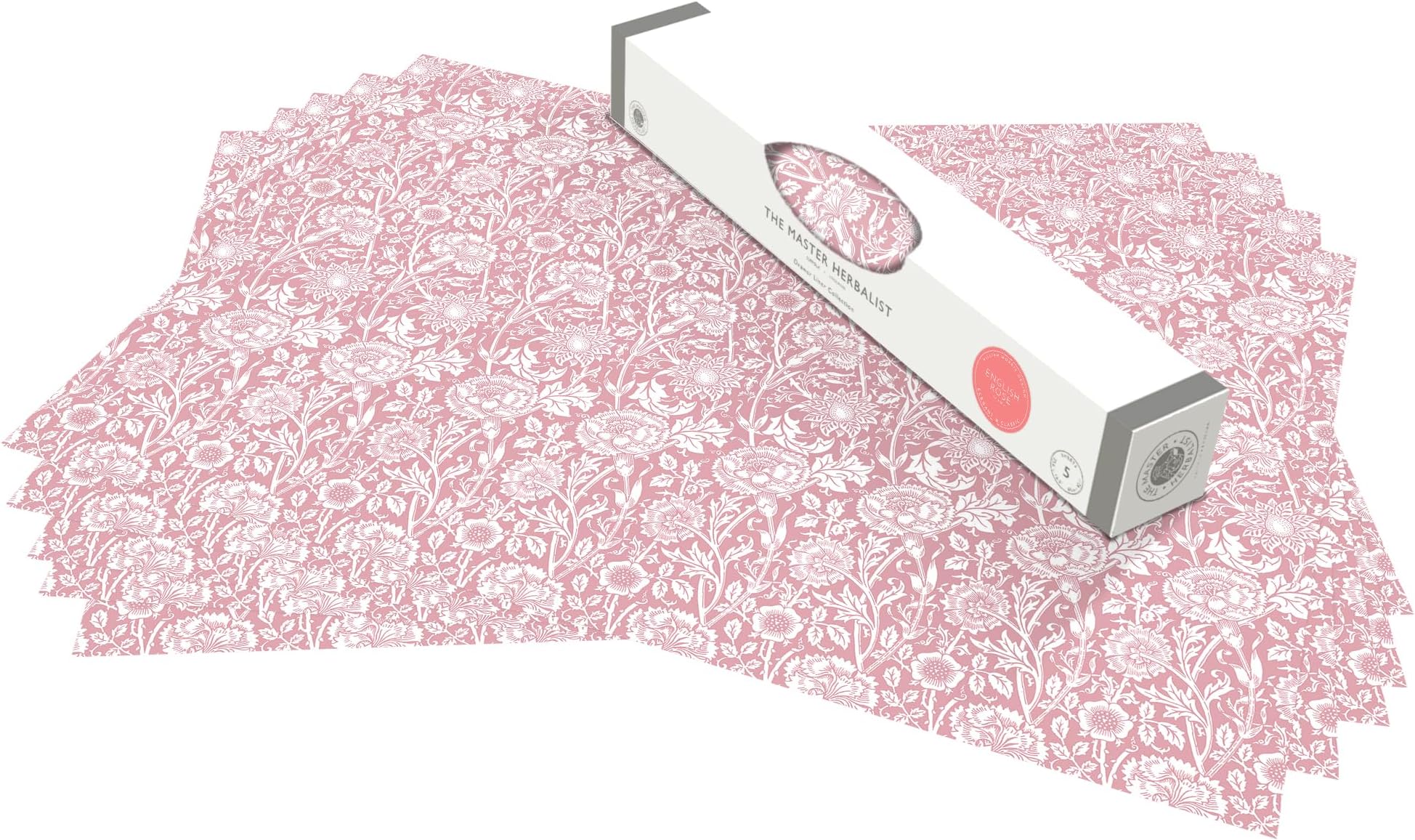 The Master Herbalist Fragrant ROSE Scented Drawer Liners in a Pink William Morris Design | Pack of 5 Sheets (Rolled) | Contains ROSE Essential Oil | Made in UK