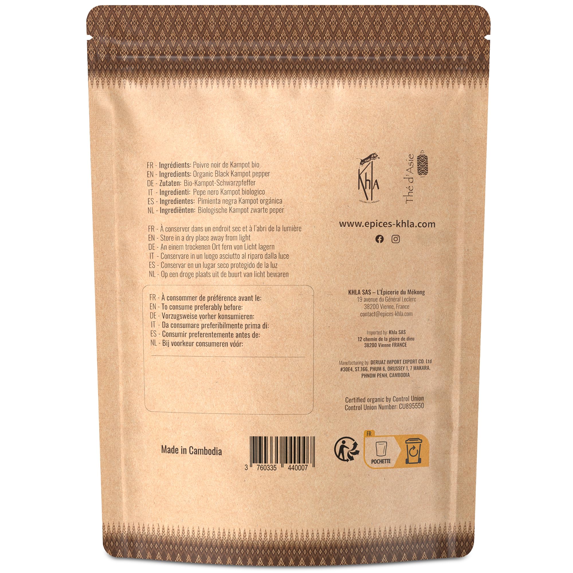 Khla - Kampot Pfeffer Weiß Bio 500g - Weißer Pfefferkörner Ganz Biologisch - Grand Cru, Stark & Kräftig - Zutat Küchen - Direkt vom Erzeuger - Weiße Körner Ganze für Mühle - Herkunft Kambodscha