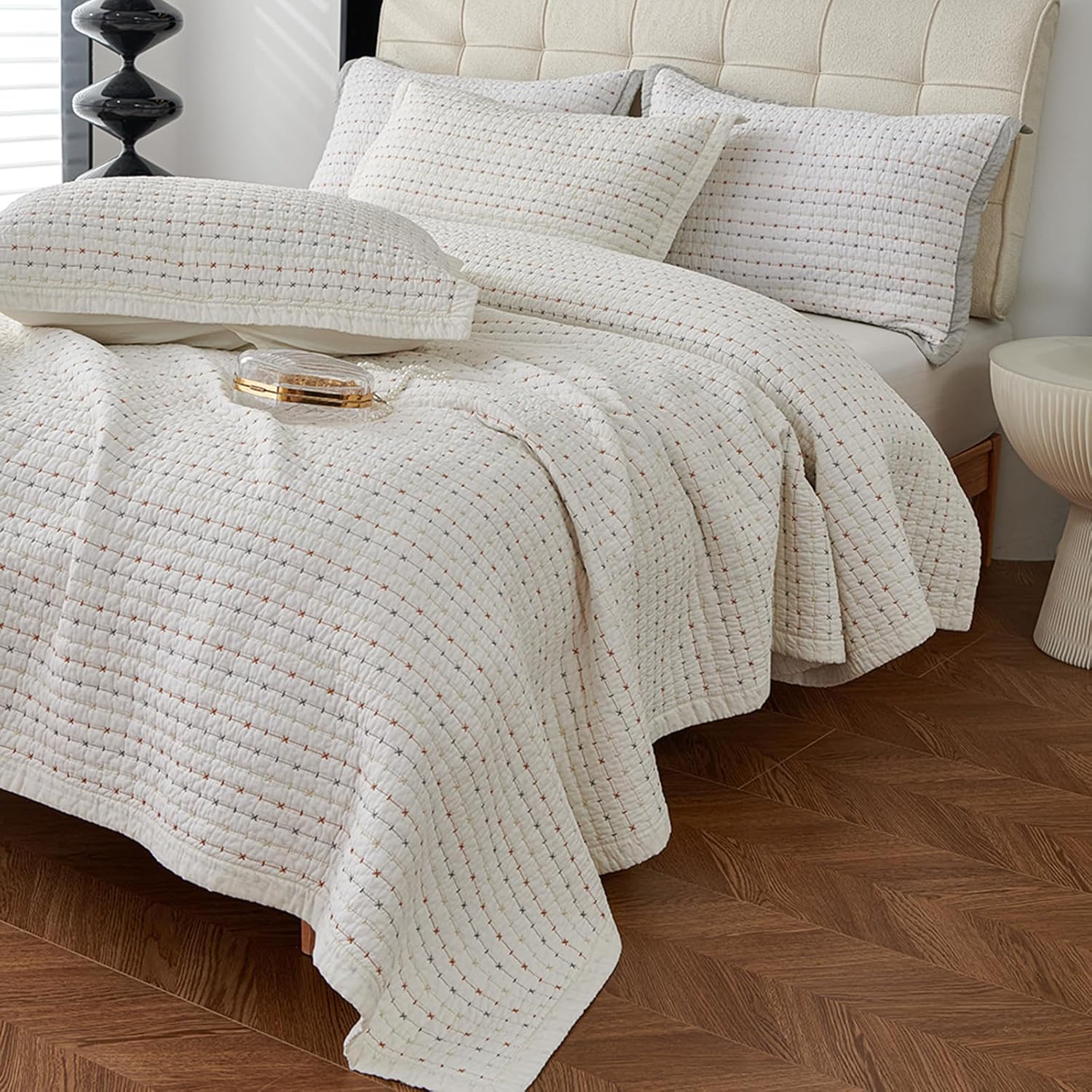 vctops Cotton Quilted Bedspread Quilt Set with 2 Pillow Shams Queen Size Stripe Embroidery Comforter Set Farmhouse Rustic Soft Lightweight Coverlet Bedding Set (Cream,Queen) Queen Cream