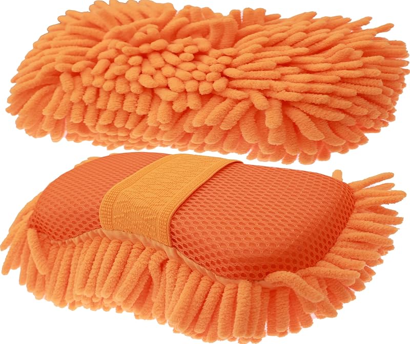 Luva Esponja de Microfibra Chenille para Lavagem Automotiva com Dois Lados Laranja, 2 unidades