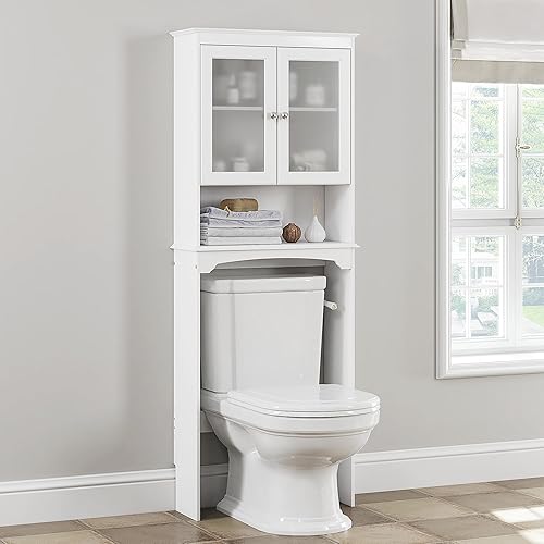 Spirich Gabinete de almacenamiento sobre el inodoro, estante de almacenamiento sobre el inodoro con puertas de vidrio, organizador de baño detrás