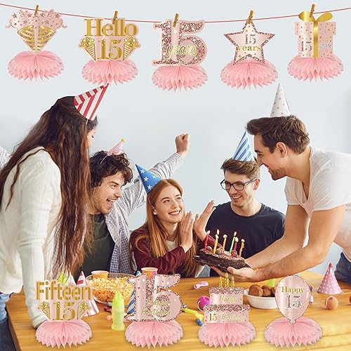 Miniatura 46 de Centros de mesa de cumpleaños de color oro rosa rosa para mujeres y niñas, 8 piezas de centros de mesa de feliz cumpleaños, suministros de fiesta