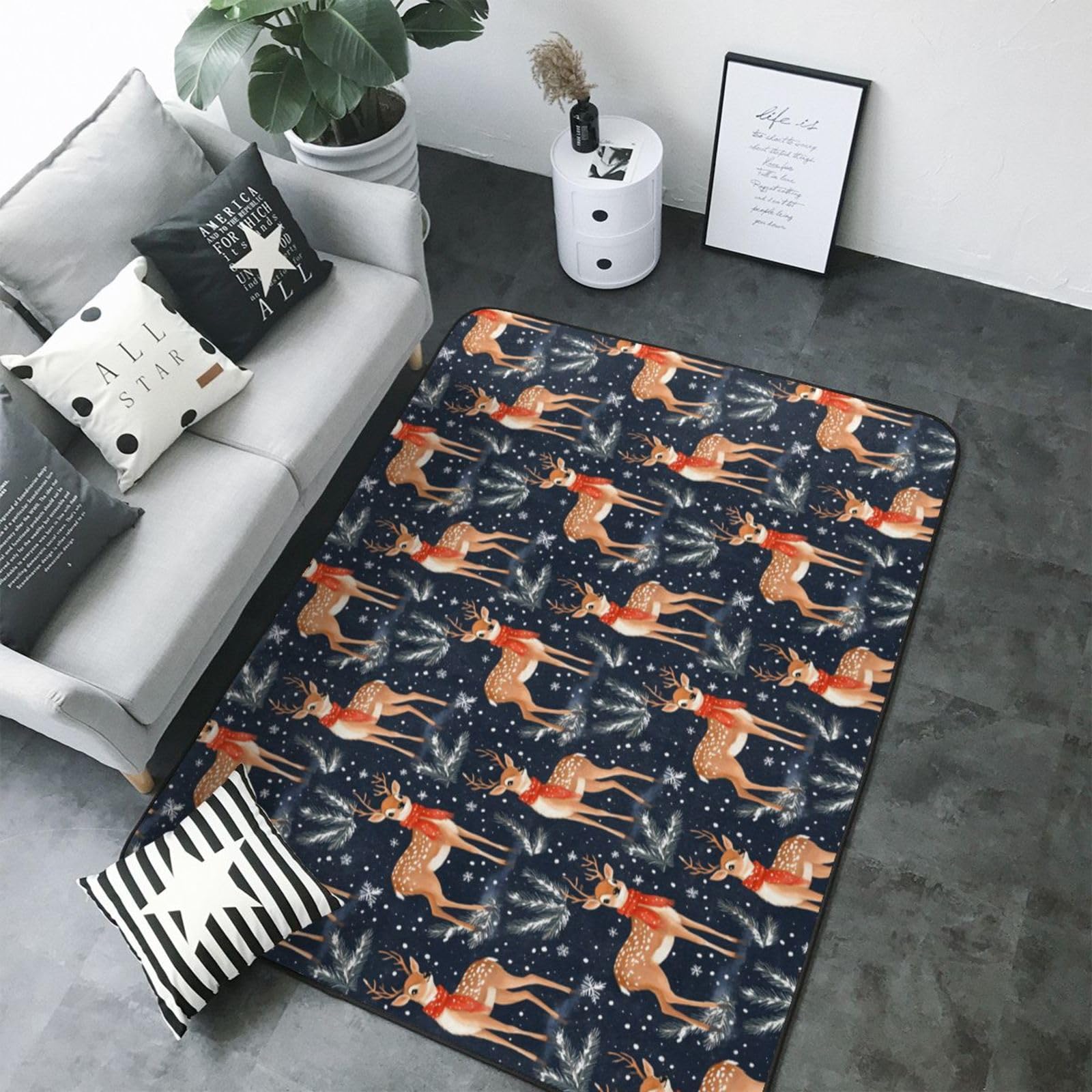 Tapis doux antidérapant grand imprimé cerf flocon de neige